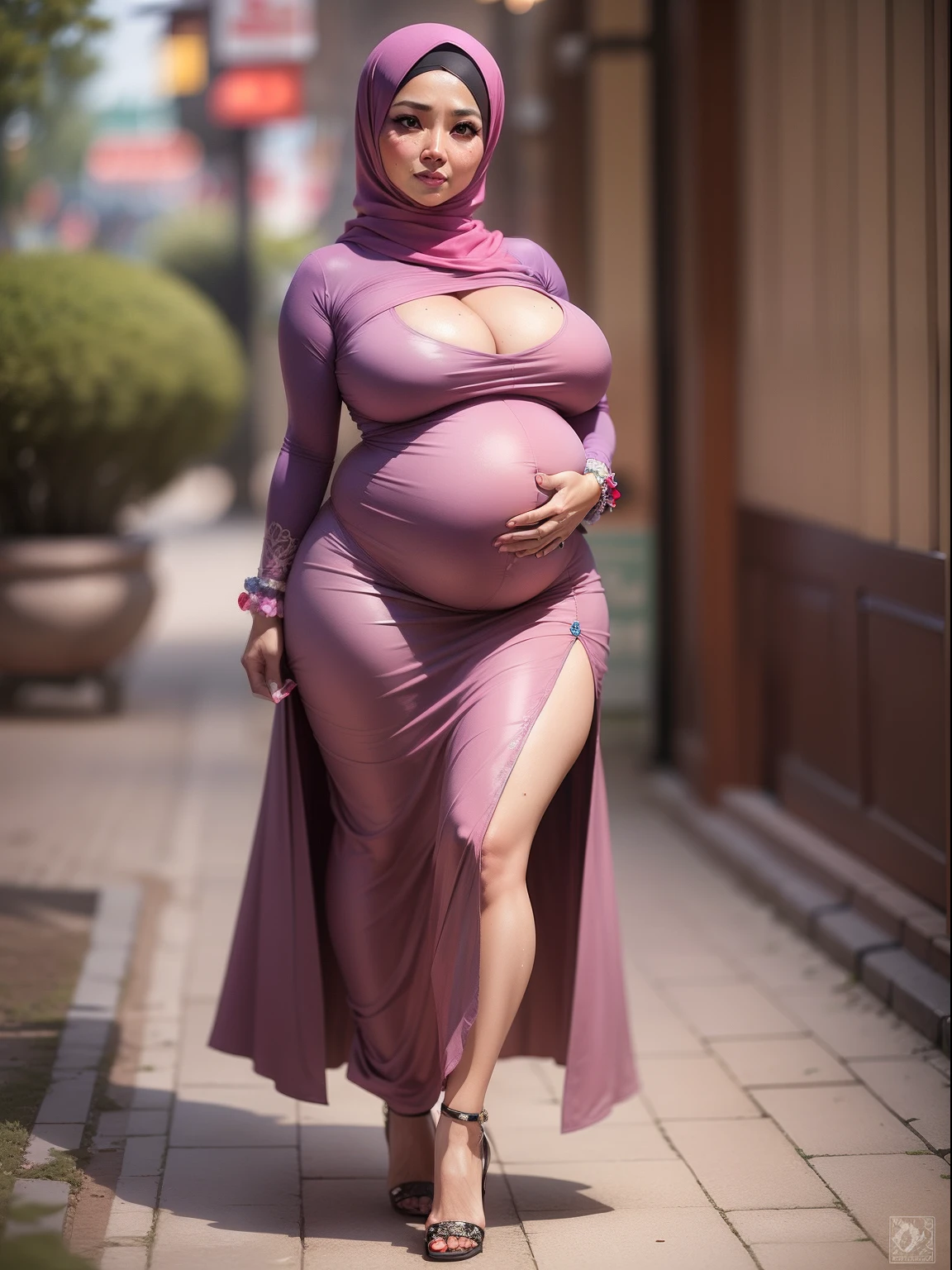 Siti nordiana , Milf，gigantic cleavage breasts ，beautiful hand ，full body，hijabi sluty，mole full body , sweaty , pregnant , high heels , with old man