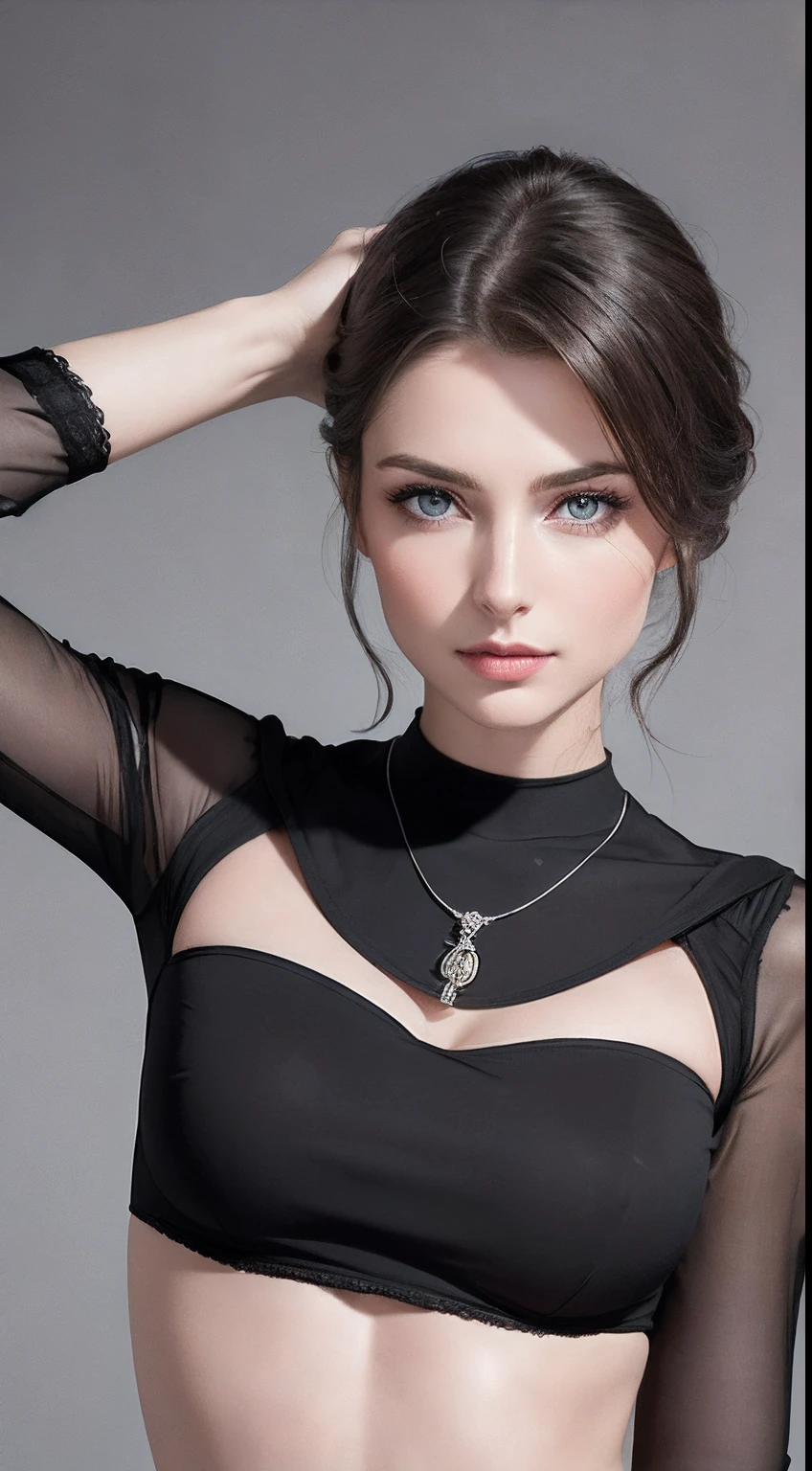 (Meisterwerk, best quality, fotorealistisch, hight resolution, Fotografie, :1.3), Nahaufnahme, Scharfer Fokus, 1 brunette girl, European Girl, Hot Model, Zwerchfell, Sehr detaillierte Augen und Pupillen, Realistischer Skin, slim body shape, Perfect Body, Spaltung, Extrem detailliertes Haar, zartes sexy Gesicht, Sinnliche Gase, glossy lips, ((Wear a cropped black top, wearing pendant)), im Freien, ((realistisch, Super realistisch, Realismus, Realistische Details))