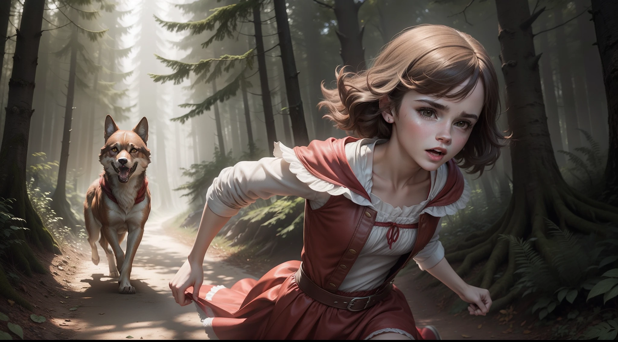 teen Emma Watson as little red riding hood running through the forest chased by a ferocious wolf