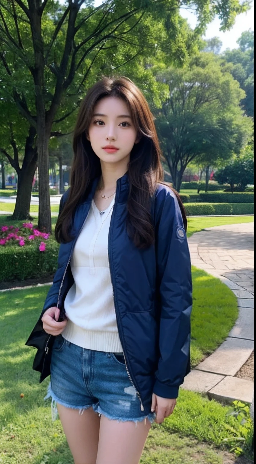 masutepiece, Best Quality, Ultra-detailed, Realistic face, 1girl in, long brown hair, Wearing a jacket, Shorts、a park、lawn、blue-sky