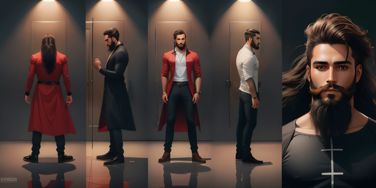 1hombre, camisa negra, ropa futurista, barba, pelo largo, capa, ojos rojos