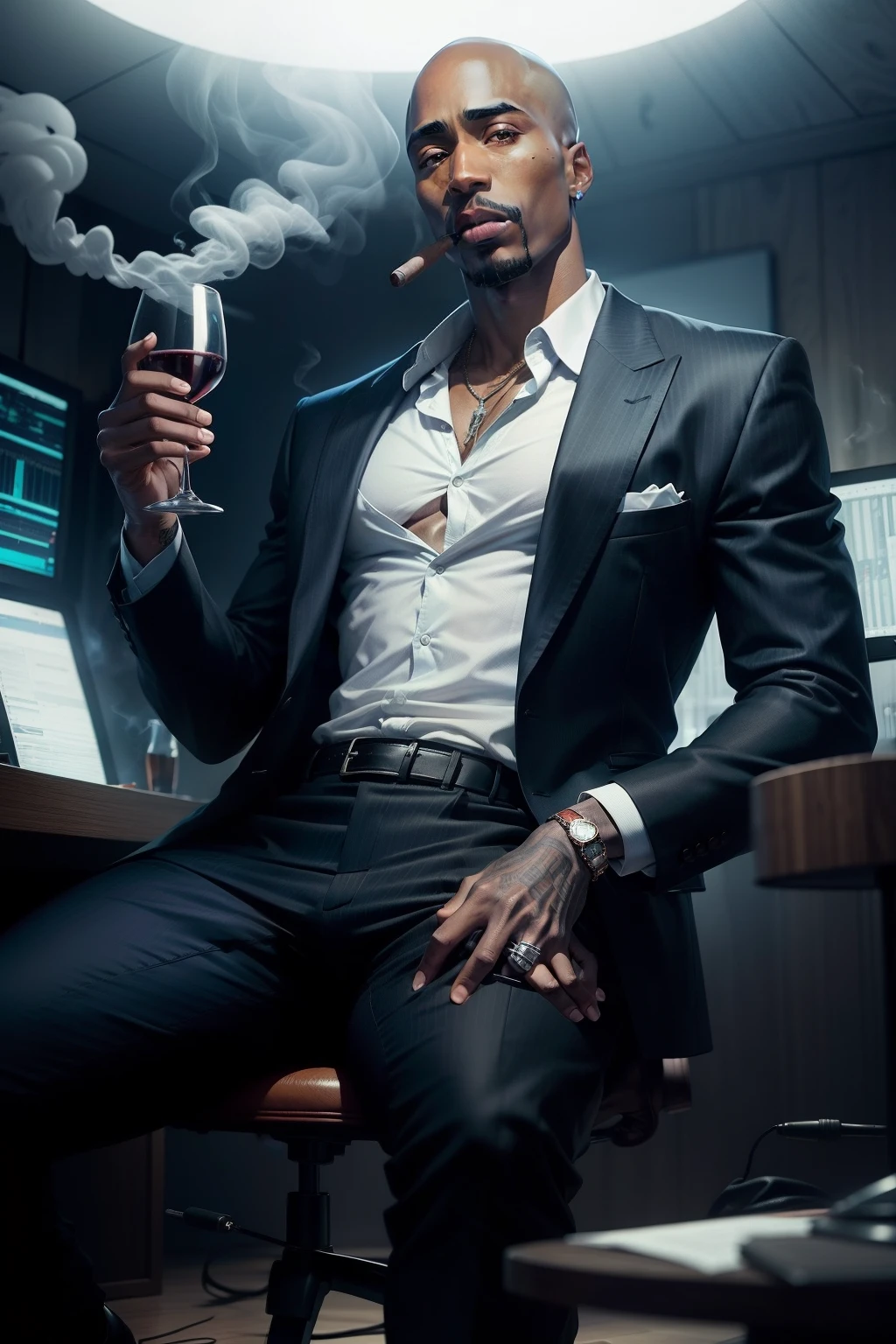 Tupac Shakur wearing black striped suit, bald head, black leather dress shoes, holding glass of wine, smoking Cuban cigar, wearing headphones, in large dark recording studio, light blue and purple neom lights