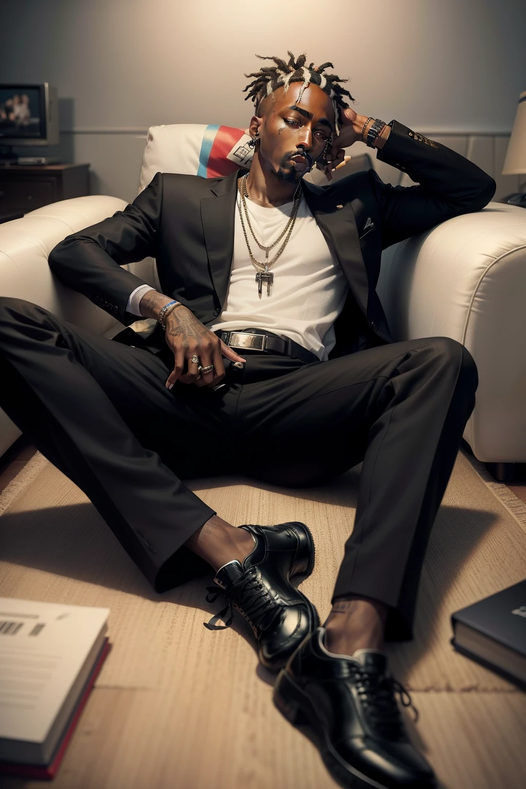 rapper Tupac Shakur wearing a striped black suit, black leather shoes, sleeping lying on the living room sofa, dark room, tv lights, video game and notebook on the coffee table, on the floor two cans of drink, a backpack, a spray can, 12 marker pens scattered across the floor