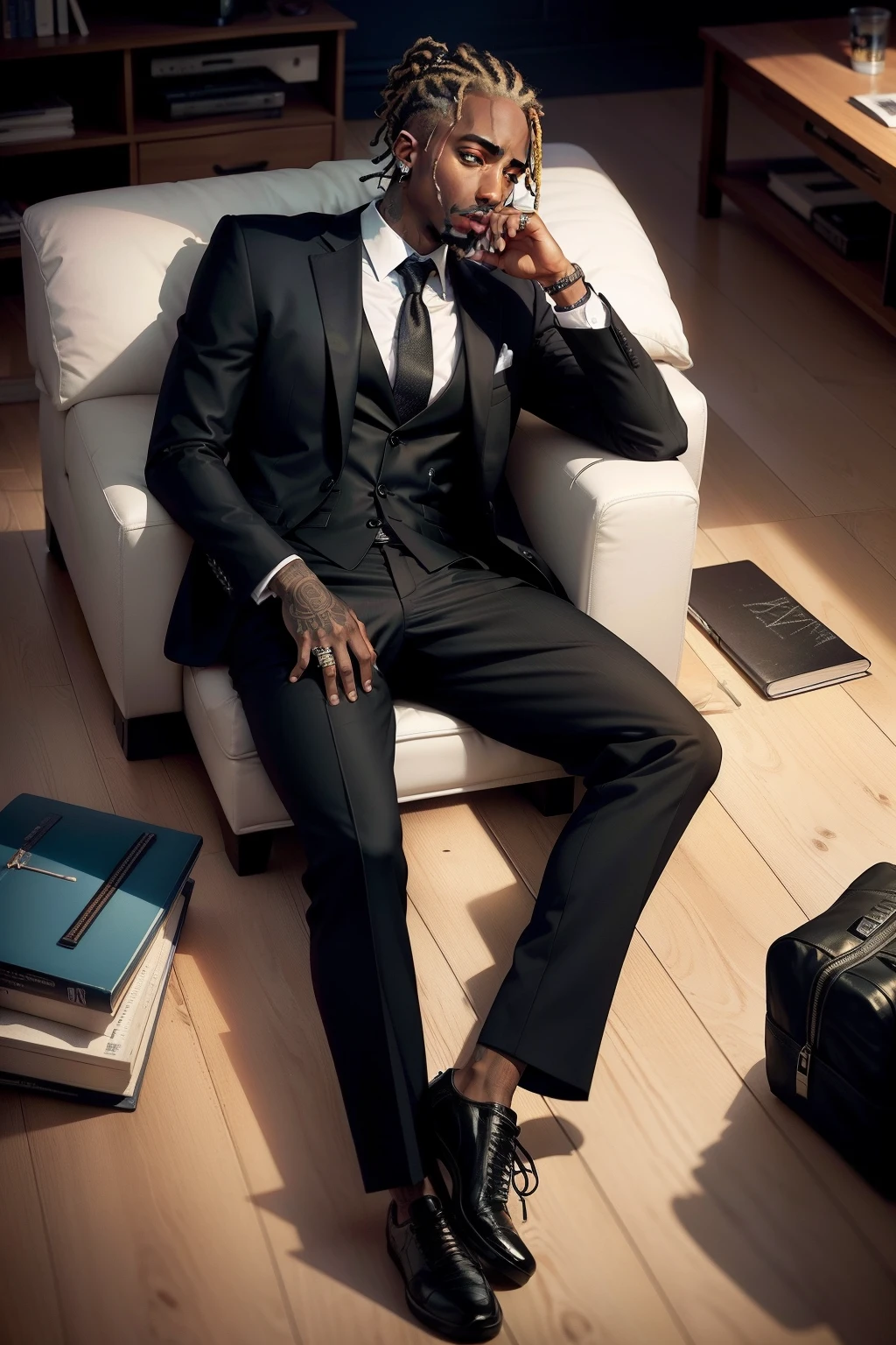 rapper Tupac Shakur wearing a striped black suit, black leather shoes, sleeping lying on the living room sofa, dark room, tv lights, video game and notebook on the coffee table, on the floor two cans of drink, a backpack, a spray can, 12 marker pens scattered across the floor