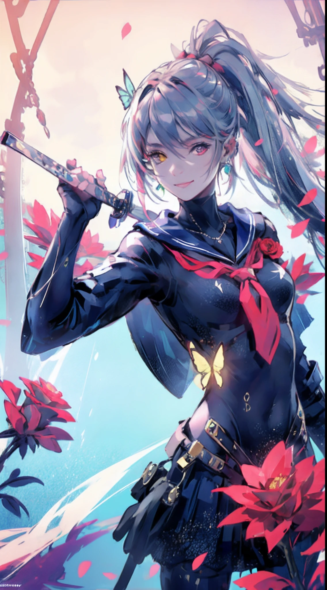 Garden covered with red roses in the background, Silver hair, front ponytail, eyes reflection, red contact lenses, Pink eyes,Heterochromia, Wear earrings, Blue crystal pendant,Evil smile, shairband,High detail, romanticism lain, Depth of field, Sparkle, Ray tracing, viewfinder, zoom layer, Close-up, Bokeh, Anatomically correct, High details, 1080p, Ultra HD
Woman,High ponytail,a sailor suit,Half out of the water,Get wet,Clothing water pattern detail,The expression is solemn,holding knives,Shiny blade detail depiction,reflective light,
Gorgeous and delicate glowing little butterfly hair ornament,brilliant colorful,Fine engraving,Shine brightly,The attention to detail,The jewelry is of high quality,Extremely high image quality