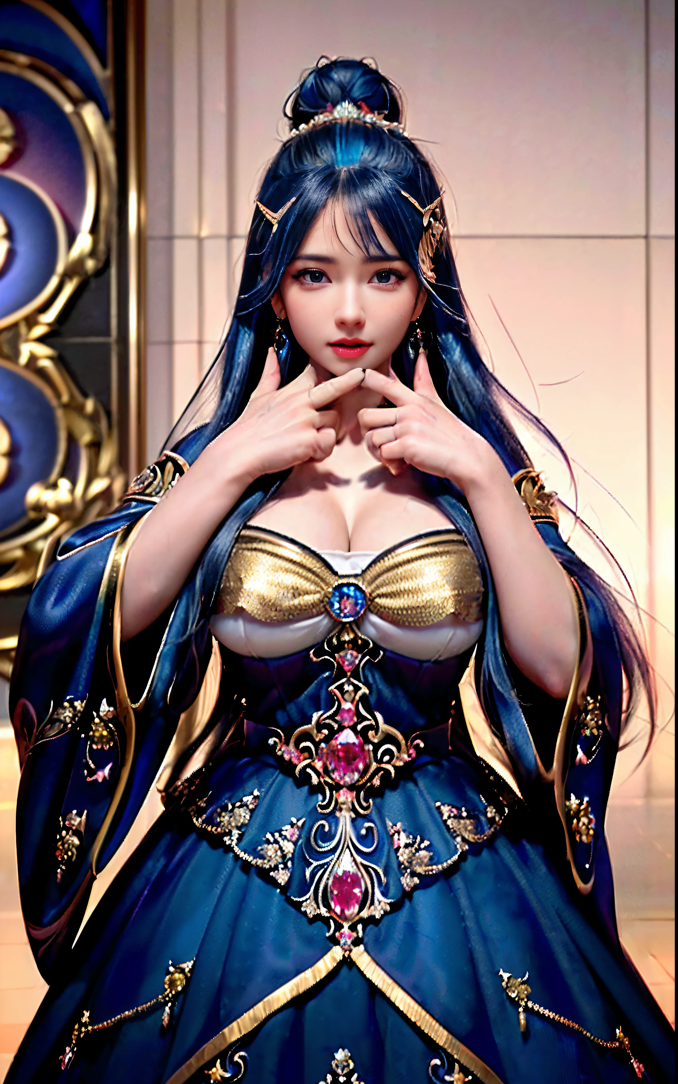 ((realisticity: 1.2)), ((realistic: 8K UHD)), ((best resolution: 8K UHD)), hyper detailed, best quality,masterpiece,highres,cg, ((1 girl hyper detailed and hyper realistic) ) , ((beautiful queen, hyper realistic and hyper detailed)),((white skin, beautiful, smooth, youthful, hyper realistic and hyper detailed )), ((Face hyper beautiful, white, hyper realistic and hyper detailed ) ), long hair, ((hyper realistic and hyper detailed dress)), solo, ((hyper realistic, hyper beautiful, beautiful and hyper detailed jewelry)), ((hyper beautiful deep red and golden yellow dress, hyper realistic and hyper detailed )) , ((Her pretty, hyper realistic, hyper detailed diamond filled earrings)), ((Her gorgeous diamond haircut, hyper realistic and hyper detailed)), ((hyper pretty upper body, hyper beautiful, hyper realistic and hyper detailed) ), ((medium breast: 1.1)), ((hyper realistic, hyper pretty, hyper detailed boobs)), ((the backgroun of the royal palace is hyper majestic, hyper realistic and hyper detailed)),((hands and palms hyper beautiful, hyper detailed, hyper realistic)), ((hyper detailed and hyper realistic fingers and fingernails)), ((hyper pretty fingernails, hyper vivid, hyper detailed, hyper realistic)), ((thumb, index finger, middle finger, ring finger, little finger hyper vivid, hyper pretty, hyper detailed, hyper realistic)), ((hyper beautiful fingers, hyper detailed, and hyper realistic)), ((posture not too fat and not too thin, hyper realistic, hyper detail)), ((hyper pretty, hyper pretty, hyper realistic and hyper detailed hair bun)), ((hyper pretty , hyper realistic and hyper detailed blue hair)), candid, Photo, high resolution, 8k , bokeh,
