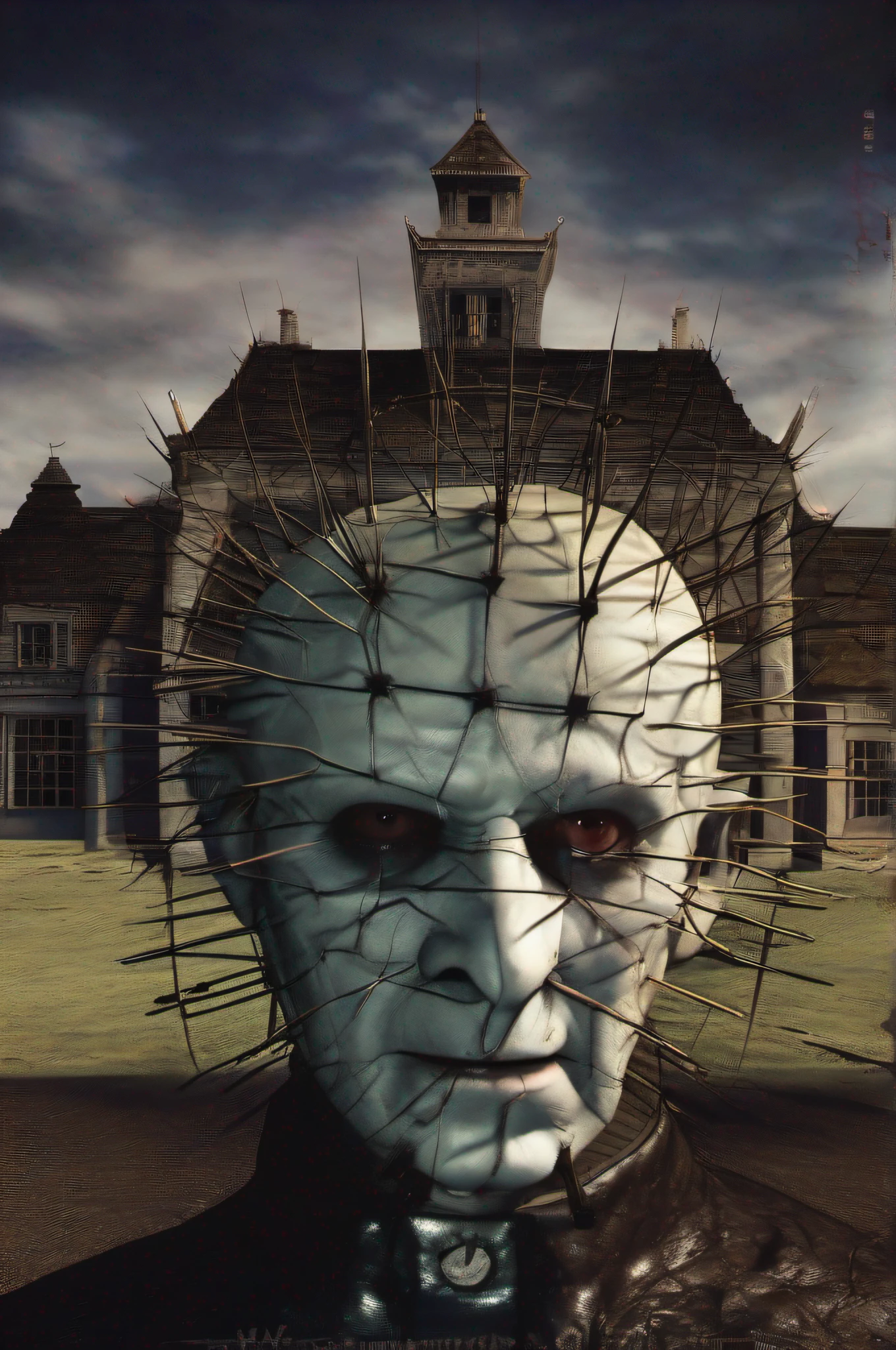 (franchise "Hellraiser": 0.9), (Doug Bradley "Pinhead": 0.9), (based on Clive Barker), mist, terribly cold, realistic portrait, 8K, super detaill, high detail, Art Station, Smooth, hard focus, Cinematic lighting, facing the camera, dark studio, rim lighting, dual tone lighting, dim lighting, Discreet key,