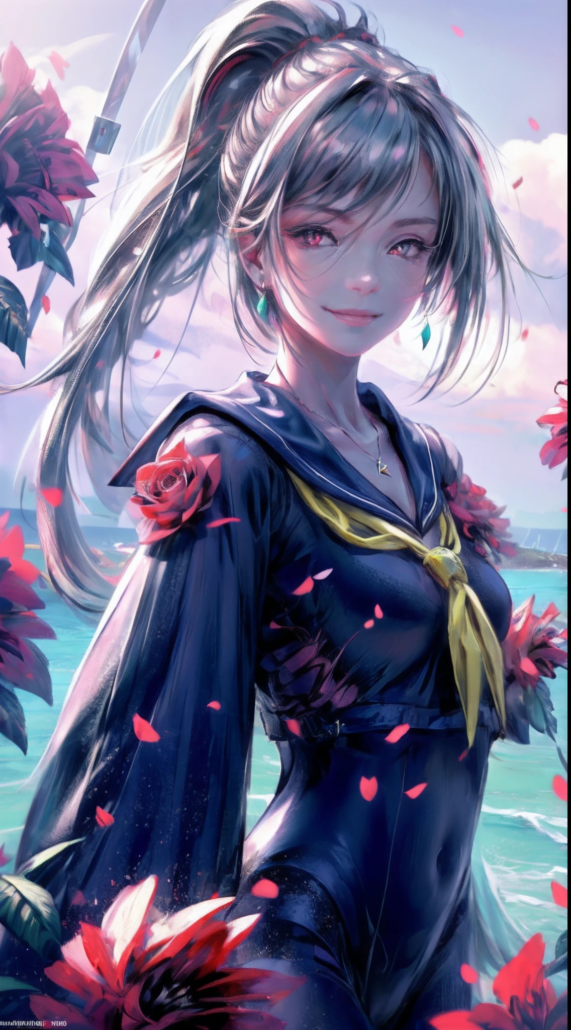 Garden covered with red roses in the background, Silver hair, front ponytail, eyes reflection, red contact lenses, Pink eyes,Heterochromia, Wear earrings, Blue crystal pendant,Evil smile, shairband,High detail, romanticism lain, Depth of field, Sparkle, Ray tracing, viewfinder, zoom layer, Close-up, Bokeh, Anatomically correct, High details, 1080p, Ultra HD
Woman,High ponytail,a sailor suit,Half out of the water,Get wet,Clothing water pattern detail,The expression is solemn,holding knives,Shiny blade detail depiction,reflective light,
Gorgeous and delicate glowing little butterfly hair ornament,brilliant colorful,Fine engraving,Shine brightly,The attention to detail,The jewelry is of high quality,Extremely high image quality