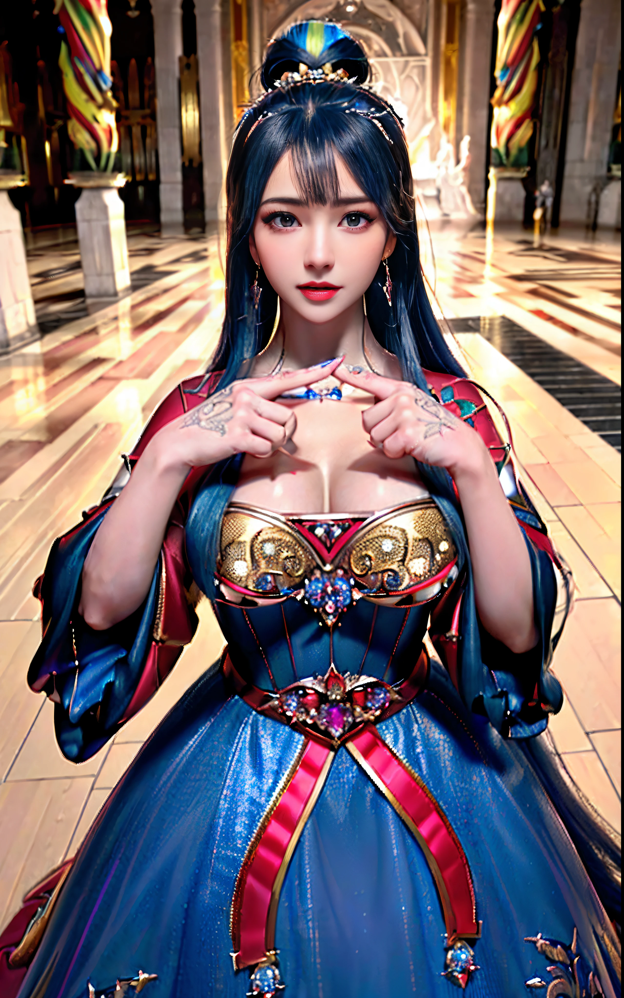 ((realisticity: 1.2)), ((realistic: 8K UHD)), ((best resolution: 8K UHD)), hyper detailed, best quality,masterpiece,highres,cg, ((1 girl hyper detailed and hyper realistic) ) , ((beautiful queen, hyper realistic and hyper detailed)),((white skin, beautiful, smooth, youthful, hyper realistic and hyper detailed )), ((Face hyper beautiful, white, hyper realistic and hyper detailed ) ), long hair, ((hyper realistic and hyper detailed dress)), solo, ((hyper realistic, hyper beautiful, beautiful and hyper detailed jewelry)), ((hyper beautiful deep red and golden yellow dress, hyper realistic and hyper detailed )) , ((Her pretty, hyper realistic, hyper detailed diamond filled earrings)), ((Her gorgeous diamond haircut, hyper realistic and hyper detailed)), ((hyper pretty upper body, hyper beautiful, hyper realistic and hyper detailed) ), ((medium breast: 1.1)), ((hyper realistic, hyper pretty, hyper detailed boobs)), ((the backgroun of the royal palace is hyper majestic, hyper realistic and hyper detailed)),((hands and palms hyper beautiful, hyper detailed, hyper realistic)), ((hyper detailed and hyper realistic fingers and fingernails)), ((hyper pretty fingernails, hyper vivid, hyper detailed, hyper realistic)), ((thumb, index finger, middle finger, ring finger, little finger hyper vivid, hyper pretty, hyper detailed, hyper realistic)), ((hyper beautiful fingers, hyper detailed, and hyper realistic)), ((posture not too fat and not too thin, hyper realistic, hyper detail)), ((hyper pretty, hyper pretty, hyper realistic and hyper detailed hair bun)), ((hyper pretty , hyper realistic and hyper detailed blue hair)), candid, Photo, high resolution, 8k , bokeh,