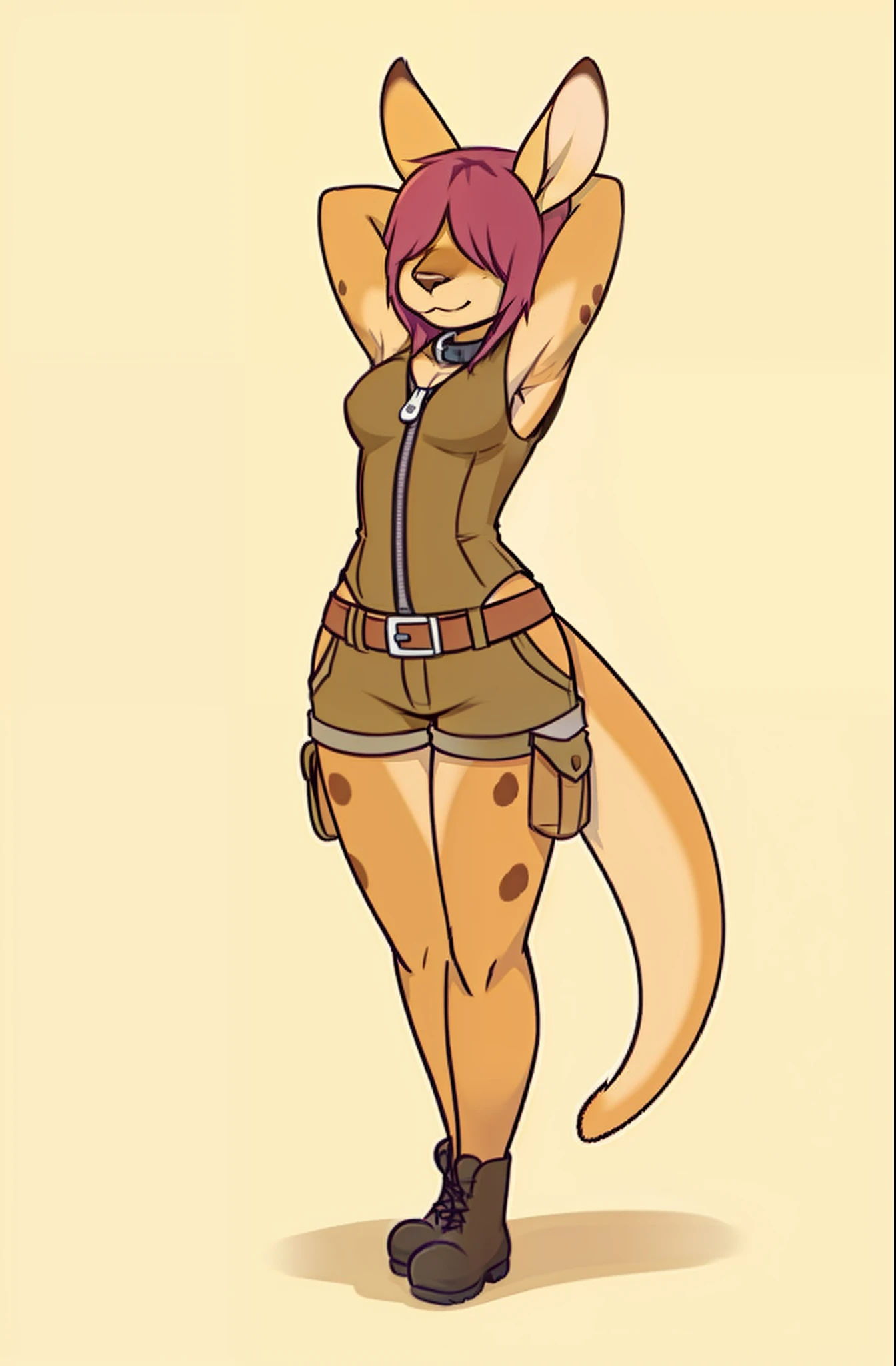 portrait of a (((feminine))), perfect lighting, posted on e621, (by kyrosh, by tyroo, by foxinuhhbox, by hladilnik), furry, anthro, furry art, ((portrait)), Female kangaroo, kangaroo, (two-toned fur), yellow fur, white fur on bell, hyena spots, hyena spots on legs, hyena spots on kangaroo tail, brown mottled upper legs, white breast, brown mottled elbows, brown spots on elbows,armpit hair, armpit brown hair, brown spots on upper legs, brown markings on hips, brown markings on elbows, brown markings on upper legs, furry body, fur on body, brown legs from foot to knee, body fur, animal nose, kangaroo nose, yellow muzzle, kangaroo ears, kangaroo pouch on belly, detaled face, detaled snout, andromorph, fit body, long legs, perfect masculine body, tomboy, slitly muscilar, detailed fur, hairy belly, detailed face, masculine face, Tall, long dark brown hair, messy hair, hair over face, long purple bangs over eyes, two colored hair, purple bangs, no visible eyes, hair over eyes, purple bangs covering eyes, brown curly hair, brown mullet, tied hair on back, Wide hips, big legs, B cup breasts, kangaroo tail, black ended tail, detail kangaroo tail, kangaroo like tail, long tail, muscular tail, little fluff on tail, wear dark olive one-piece zippered jumsuit, cargo shorts, dog collar, zipper, Workwear, cargo clothes, tool belt, tools on belt, belt, work boots, black boots, visable hips, tools, many pockets on clothes, mechanic clothes