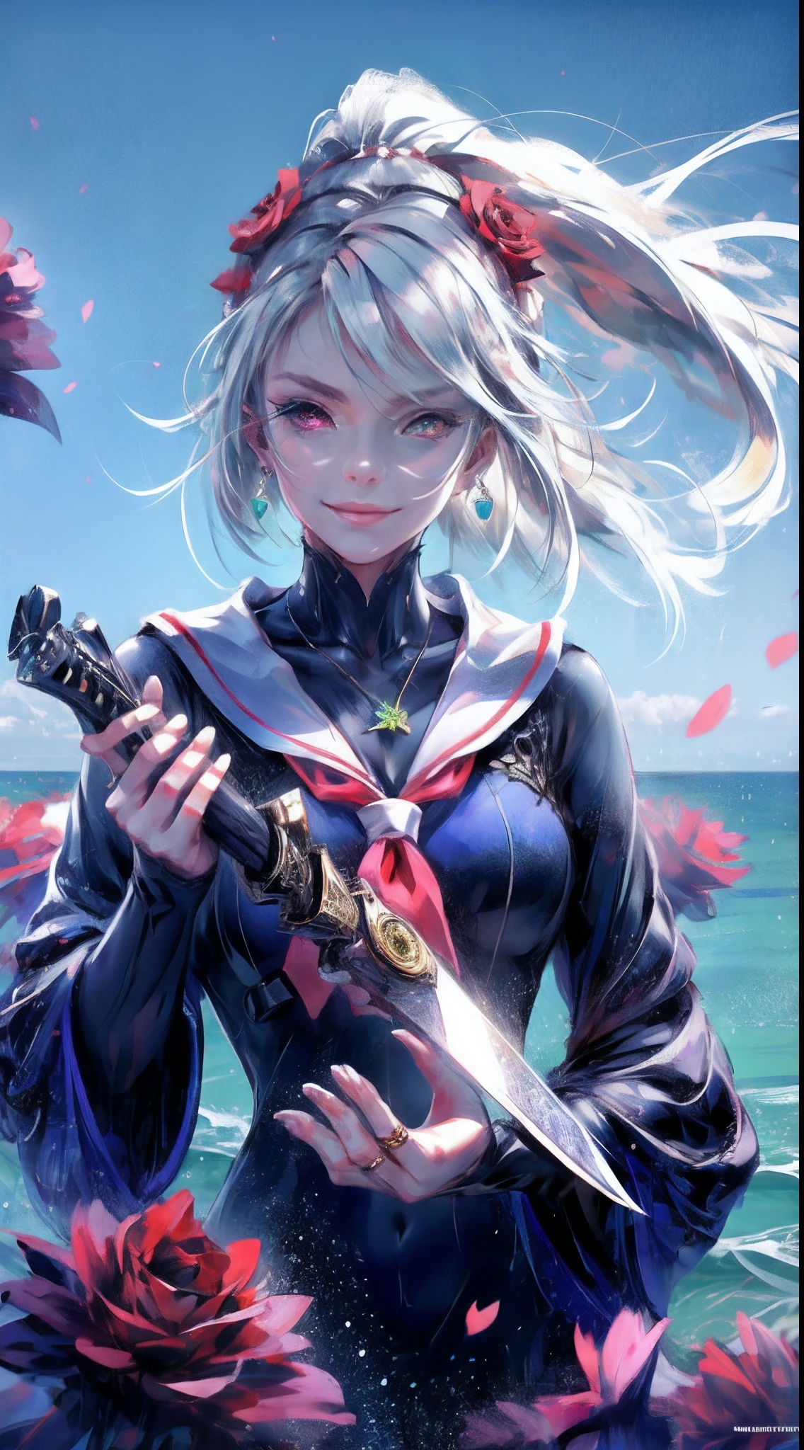 Garden covered with red roses in the background, Silver hair, front ponytail, eyes reflection, red contact lenses, Pink eyes,Heterochromia， Wear earrings, Blue crystal pendant，Evil smile, shairband，High detail, romanticism lain, Depth of field, Sparkle, Ray tracing, viewfinder, zoom layer, Close-up, Bokeh, Anatomically correct, High details, 1080p, Ultra HD
Woman，High ponytail，a sailor suit,Half out of the water，Get wet，Clothing water pattern detail，The expression is solemn，holding knives，Shiny blade detail depiction，reflective light，
Gorgeous and delicate glowing little butterfly hair ornament，brilliant colorful，Fine engraving，Shine brightly，The attention to detail，The jewelry is of high quality，Extremely high image quality