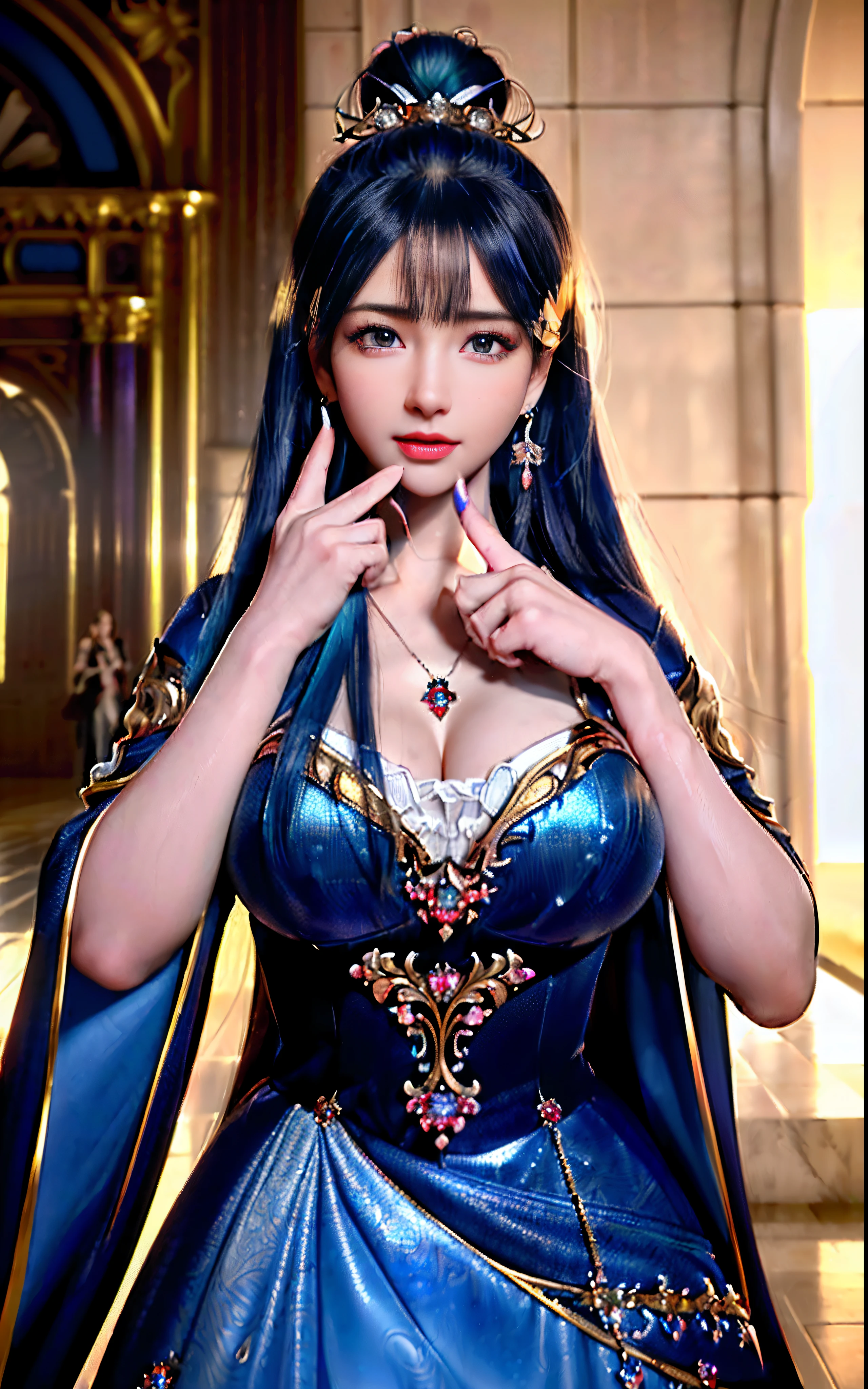 ((realisticity: 1.2)), ((realistic: 8K UHD)), ((best resolution: 8K UHD)), hyper detailed, best quality,masterpiece,highres,cg, ((1 girl hyper detailed and hyper realistic) ) , ((beautiful queen, hyper realistic and hyper detailed)),((white skin, beautiful, smooth, youthful, hyper realistic and hyper detailed )), ((Face hyper beautiful, white, hyper realistic and hyper detailed ) ), long hair, ((hyper realistic and hyper detailed dress)), solo, ((hyper realistic, hyper beautiful, beautiful and hyper detailed jewelry)), ((hyper beautiful deep red and golden yellow dress, hyper realistic and hyper detailed )) , ((Her pretty, hyper realistic, hyper detailed diamond filled earrings)), ((Her gorgeous diamond haircut, hyper realistic and hyper detailed)), ((hyper pretty upper body, hyper beautiful, hyper realistic and hyper detailed) ), ((medium breast: 1.1)), ((hyper realistic, hyper pretty, hyper detailed boobs)), ((the backgroun of the royal palace is hyper majestic, hyper realistic and hyper detailed)),((hands and palms hyper beautiful, hyper detailed, hyper realistic)), ((hyper detailed and hyper realistic fingers and fingernails)), ((hyper pretty fingernails, hyper vivid, hyper detailed, hyper realistic)), ((thumb, index finger, middle finger, ring finger, little finger hyper vivid, hyper pretty, hyper detailed, hyper realistic)), ((hyper beautiful fingers, hyper detailed, and hyper realistic)), ((posture not too fat and not too thin, hyper realistic, hyper detail)), ((hyper pretty, hyper pretty, hyper realistic and hyper detailed hair bun)), ((hyper pretty , hyper realistic and hyper detailed blue hair)), candid, Photo, high resolution, 8k , bokeh,