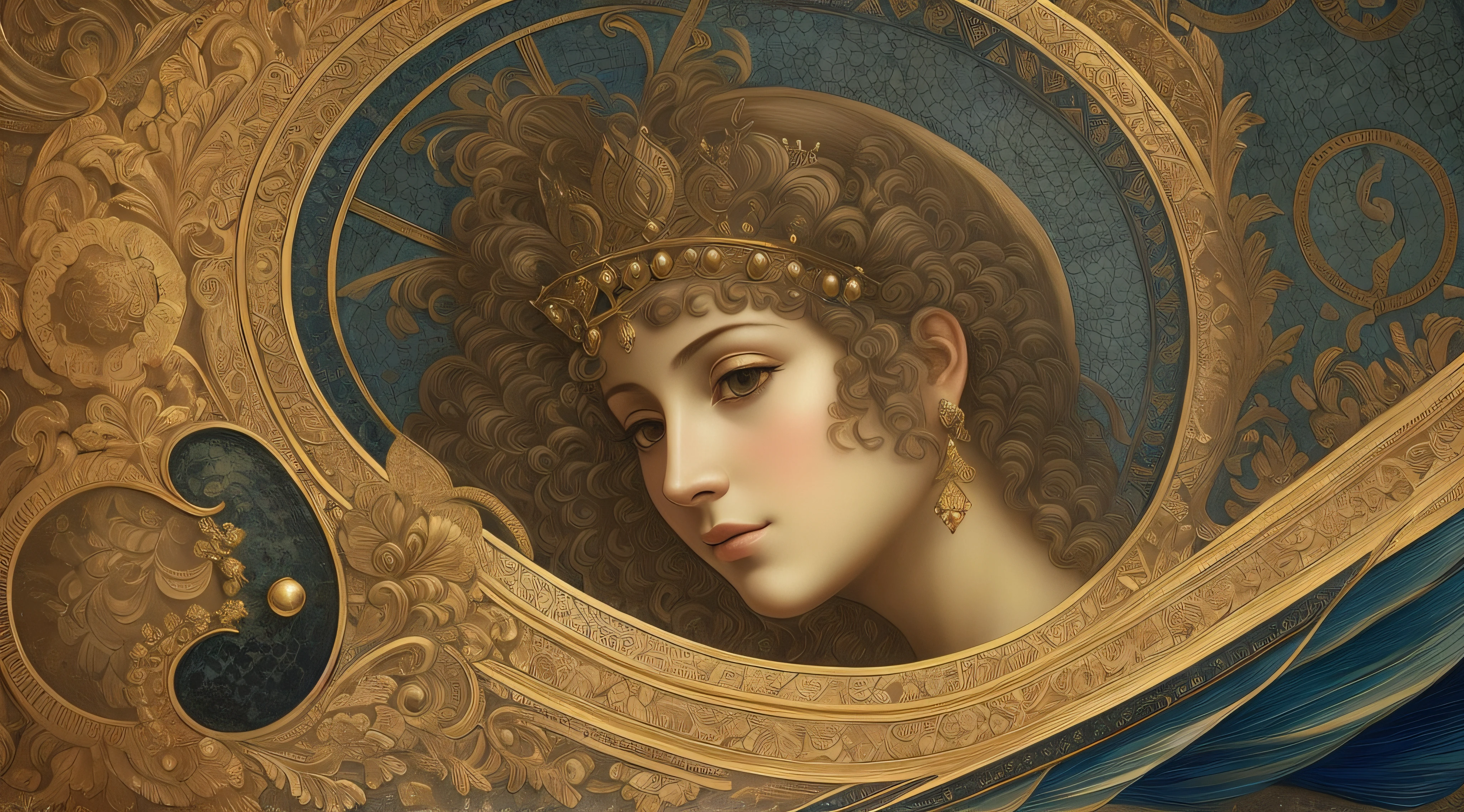 Image of a woman with a crown on her head, retrato close-up da deusa, deusa. Detalhes extremamente altos, Retrato da Deusa, Retrato de uma bela deusa, Retrato de uma deusa, Um retrato impressionante de uma deusa, tiro extremamente detalhado da deusa, em uma mistura de estilo de botticelli, Retrato da deusa 3D, pintura de estilo renascentista, finely detailed angelic face