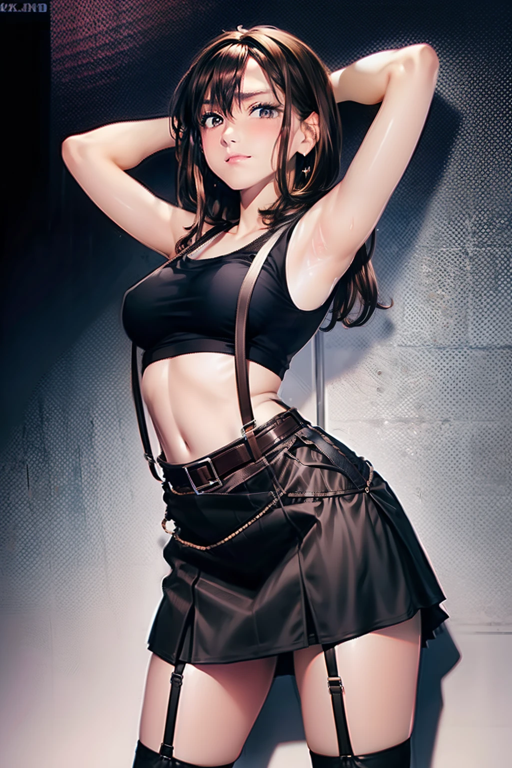 skirt by the, Black Tank Top Suspenders, Brown hair Gray eyes, Garter belt on the legs, Big and tight clothes, a belt Armpit sweat deadpan