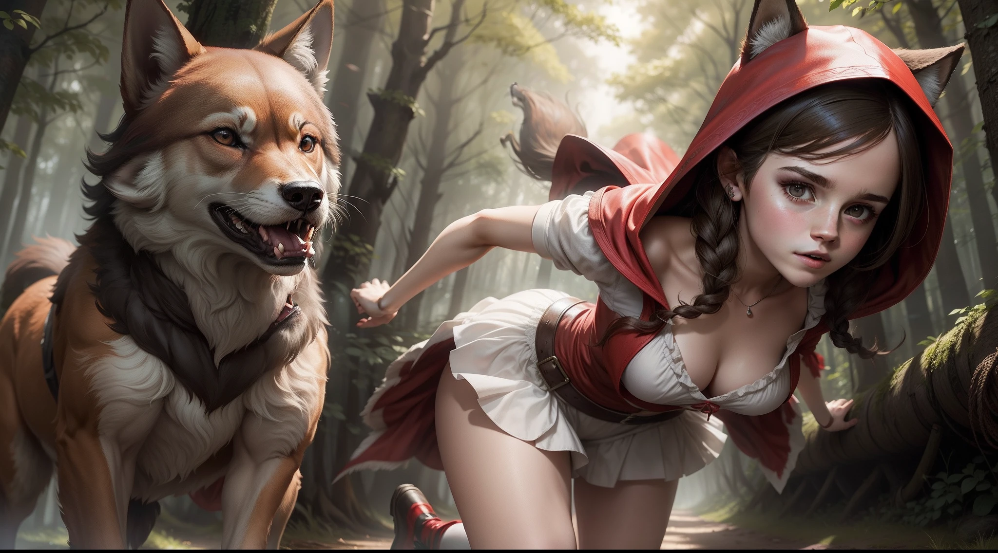 teen Emma Watson as a cute little red riding hood running through the forest chased by a ferocious wolf, cleavage showing.
