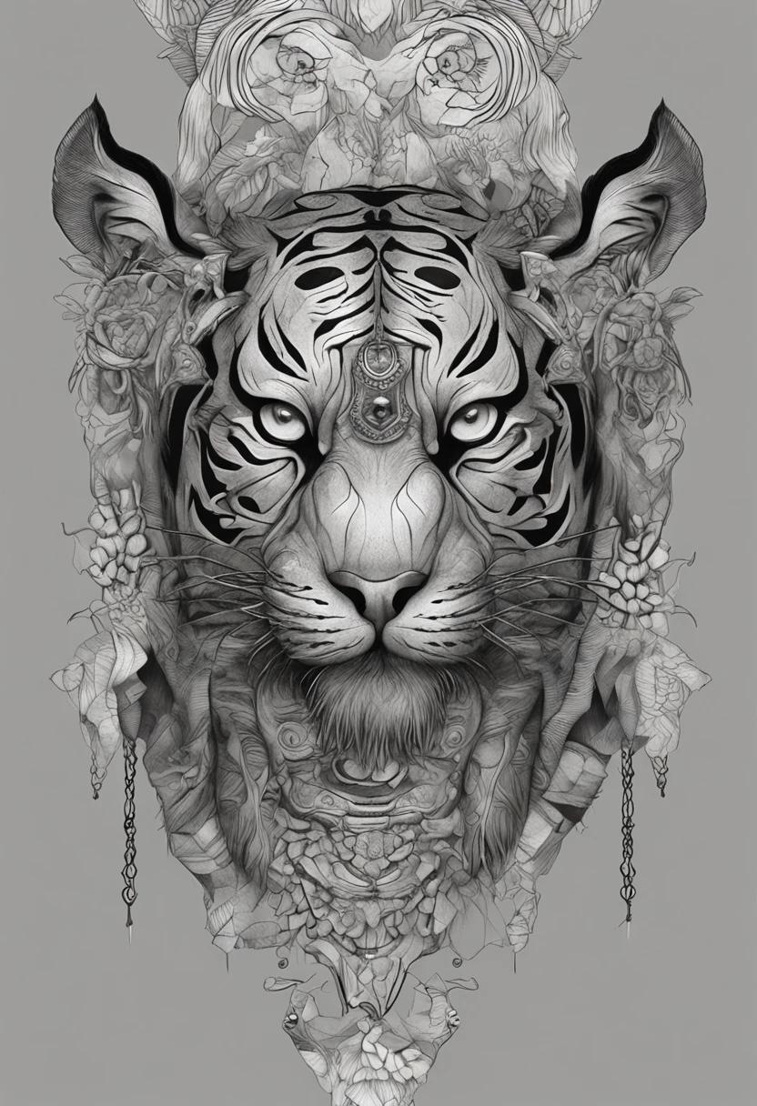 Black and gray realistic tattoo art of tiger withalf +Hannya mask style (((tiger eyes))) +black woman on right side, illustrator, 0mib, masterpiece, high quality, black and gray, monochrome, 8k, high resolution, high detail, japanese, samurai, extremely detailed eyes and face, japan , black woman on right side, beautiful detailed nose, beautiful detailed eyes, light on face, looking at viewer, (1 woman, mature face), realistic face, full lips, captivating smile, realistic body, (RAW photo, best quality ), (realistic, photorealistic: 1,3) , masterpiece, extremely beautiful, extremely detailed,,with ink splatter sketch effect ,he is with open mouth looking very fierce and angry