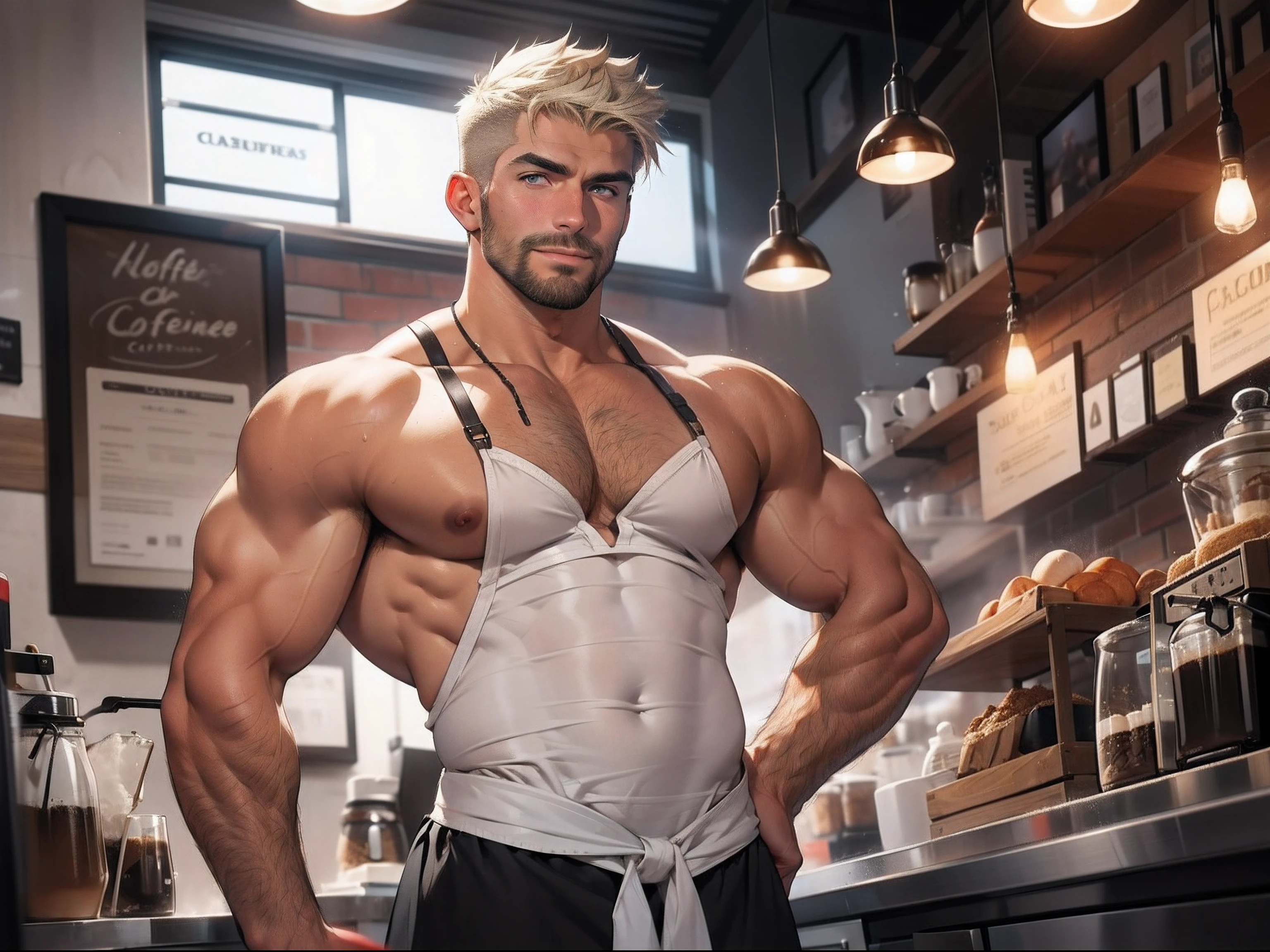 a mature daddy, light-colored hair, crew cut, stubble, sexy and luring, in maid costume in a coffee shop grinding coffee beans, muscular, fully naked, Handsome face, eyes with brightness,The man looks confident and determined, full-body shot,