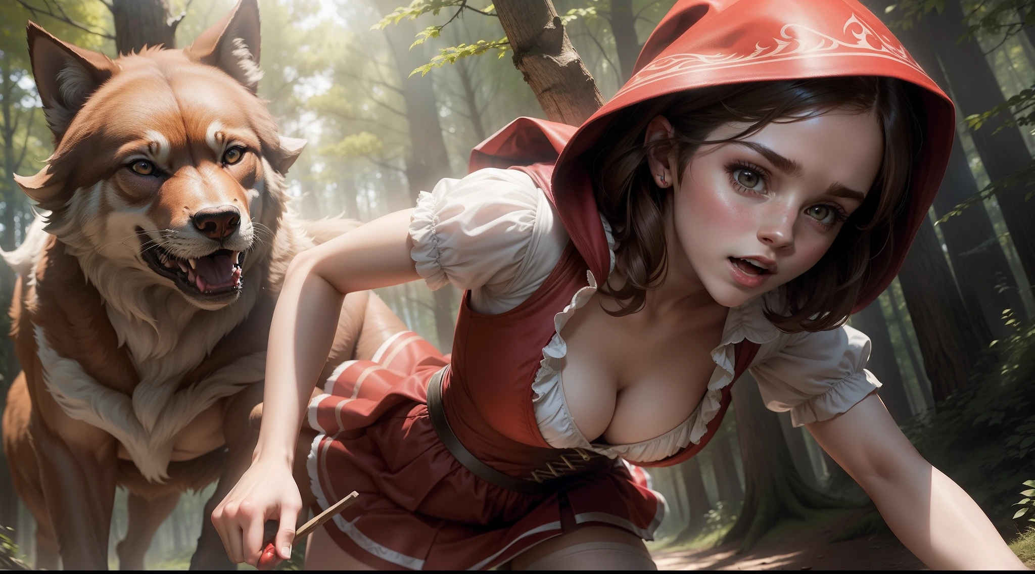 teen Emma Watson as little red riding hood running through the forest chased by a ferocious wolf, cleavage showing.