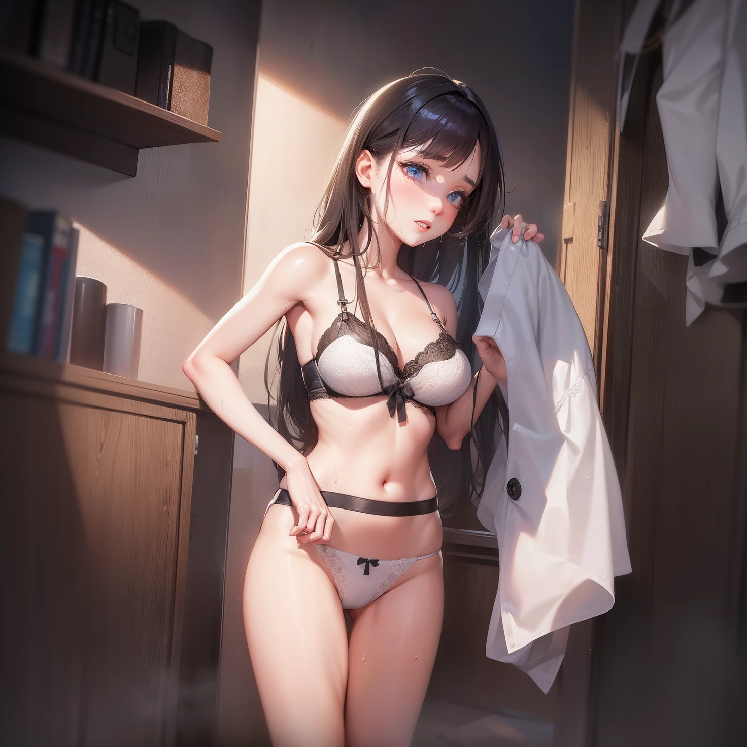 Beautiful girl, hot girl, detailed face, detailed eyes, detailed hair, detailed body, hanging boobs, change background, 8k, realistic, ultra realistic, sweating, wet body, visible panties, visible bra