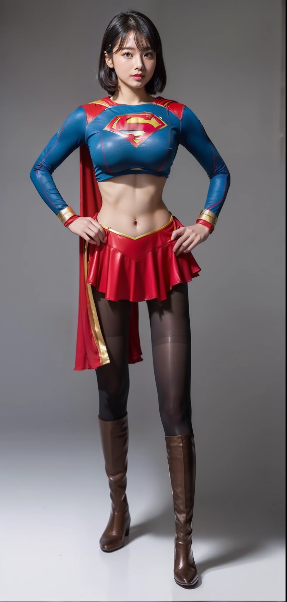 (((Make the most of the original image)))、(((Be sure to wear black tights)))、(((Supergirl Costume)))、(((short-cut、lustrous dark hair)))、(((Be sure to wear red boots)))、((Top image quality、8K))、((top-quality、8K、masterpiece:1.3))、Crisp focus:1.2、Beautiful woman with perfect body shape:1.4、Slender Abs:1.2、((layers-Cut、large boob:1.2))、a wet body:1.5、Highly detailed facial and skin texture、