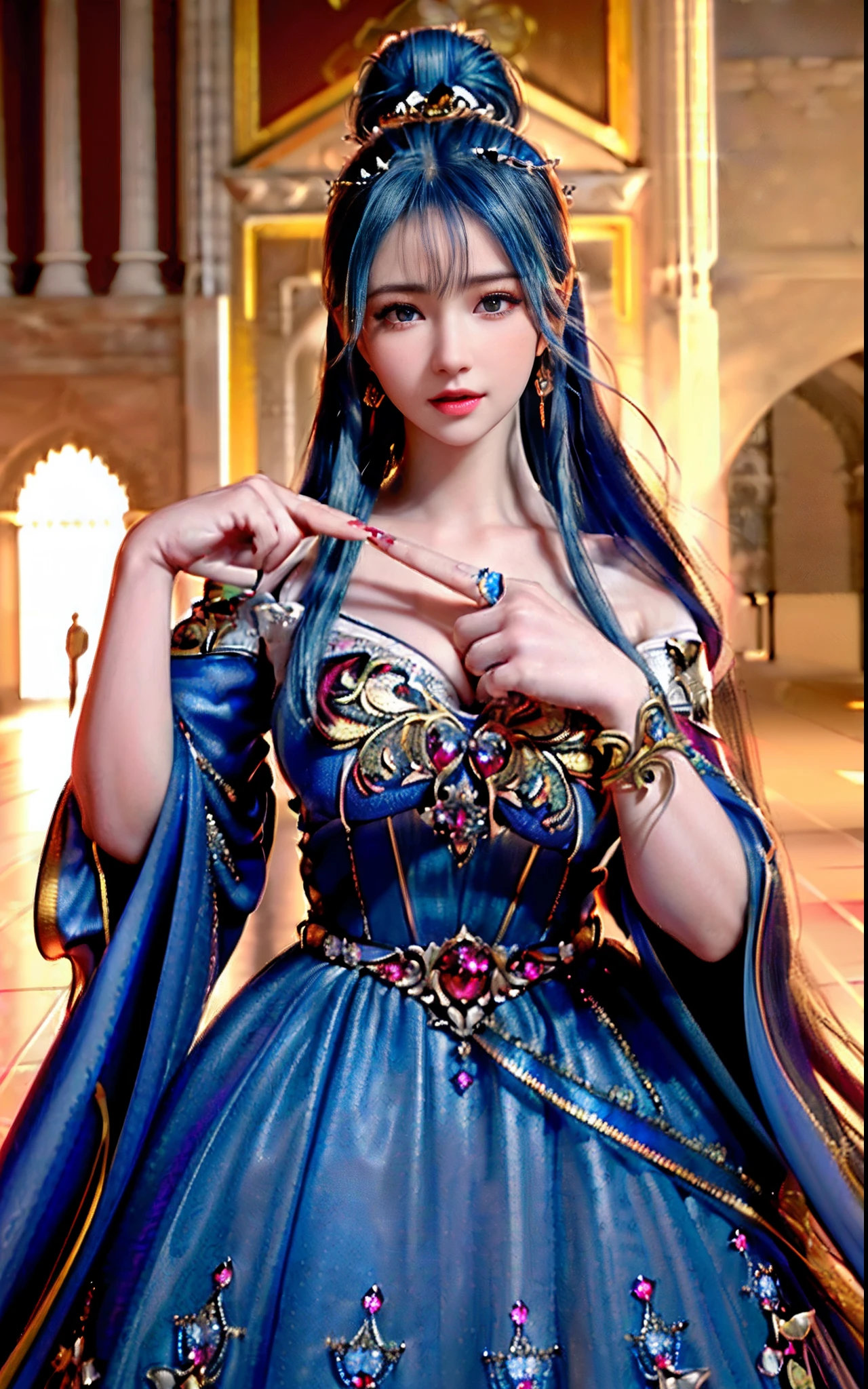 ((realisticity: 1.2)), ((realistic: 8K UHD)), ((best resolution: 8K UHD)), hyper detailed, best quality,masterpiece,highres,cg, ((1 girl hyper detailed and hyper realistic) ) , ((beautiful queen, hyper realistic and hyper detailed)),((white skin, beautiful, smooth, youthful, hyper realistic and hyper detailed )), ((Face hyper beautiful, white, hyper realistic and hyper detailed ) ), long hair, ((hyper realistic and hyper detailed dress)), solo, ((hyper realistic, hyper beautiful, beautiful and hyper detailed jewelry)), ((hyper beautiful deep red and golden yellow dress, hyper realistic and hyper detailed )) , ((Her pretty, hyper realistic, hyper detailed diamond filled earrings)), ((Her gorgeous diamond haircut, hyper realistic and hyper detailed)), ((hyper pretty upper body, hyper beautiful, hyper realistic and hyper detailed) ), ((medium breast: 1.1)), ((hyper realistic, hyper pretty, hyper detailed boobs)), ((the backgroun of the royal palace is hyper majestic, hyper realistic and hyper detailed)),((hands and palms hyper beautiful, hyper detailed, hyper realistic)), ((hyper detailed and hyper realistic fingers and fingernails)), ((hyper pretty fingernails, hyper vivid, hyper detailed, hyper realistic)), ((thumb, index finger, middle finger, ring finger, little finger hyper vivid, hyper pretty, hyper detailed, hyper realistic)), ((hyper beautiful fingers, hyper detailed, and hyper realistic)), ((posture not too fat and not too thin, hyper realistic, hyper detail)), ((hyper pretty, hyper pretty, hyper realistic and hyper detailed hair bun)), ((hyper pretty , hyper realistic and hyper detailed blue hair)), candid, Photo, high resolution, 8k , bokeh,
