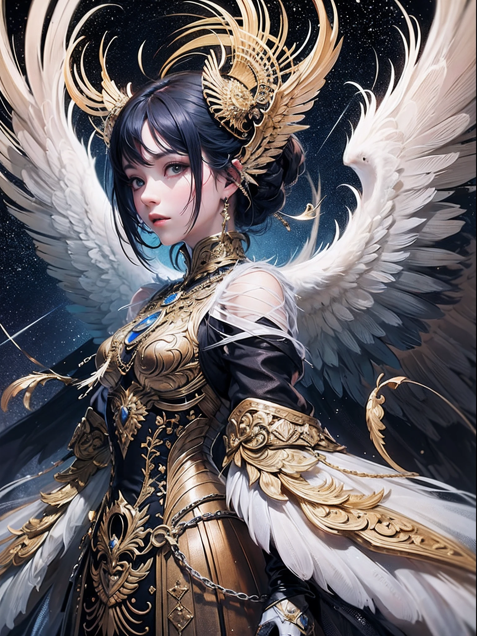 Masterpiece, best quality, {best quality}, {{masterpiece}}, {highres}, grayscale, anime, eye-catching, exotic, flying feathers, plumage, anime fantasy illustration, detailed 2D digital fantasy art, anime fantasy art, highly detailed official art, epic fantasy digital art style. Extremely high details, epic anime art, Anime - style illustration of a woman, woman, 1girl, traditional outfit, griffin, golden griffin --auto --s2