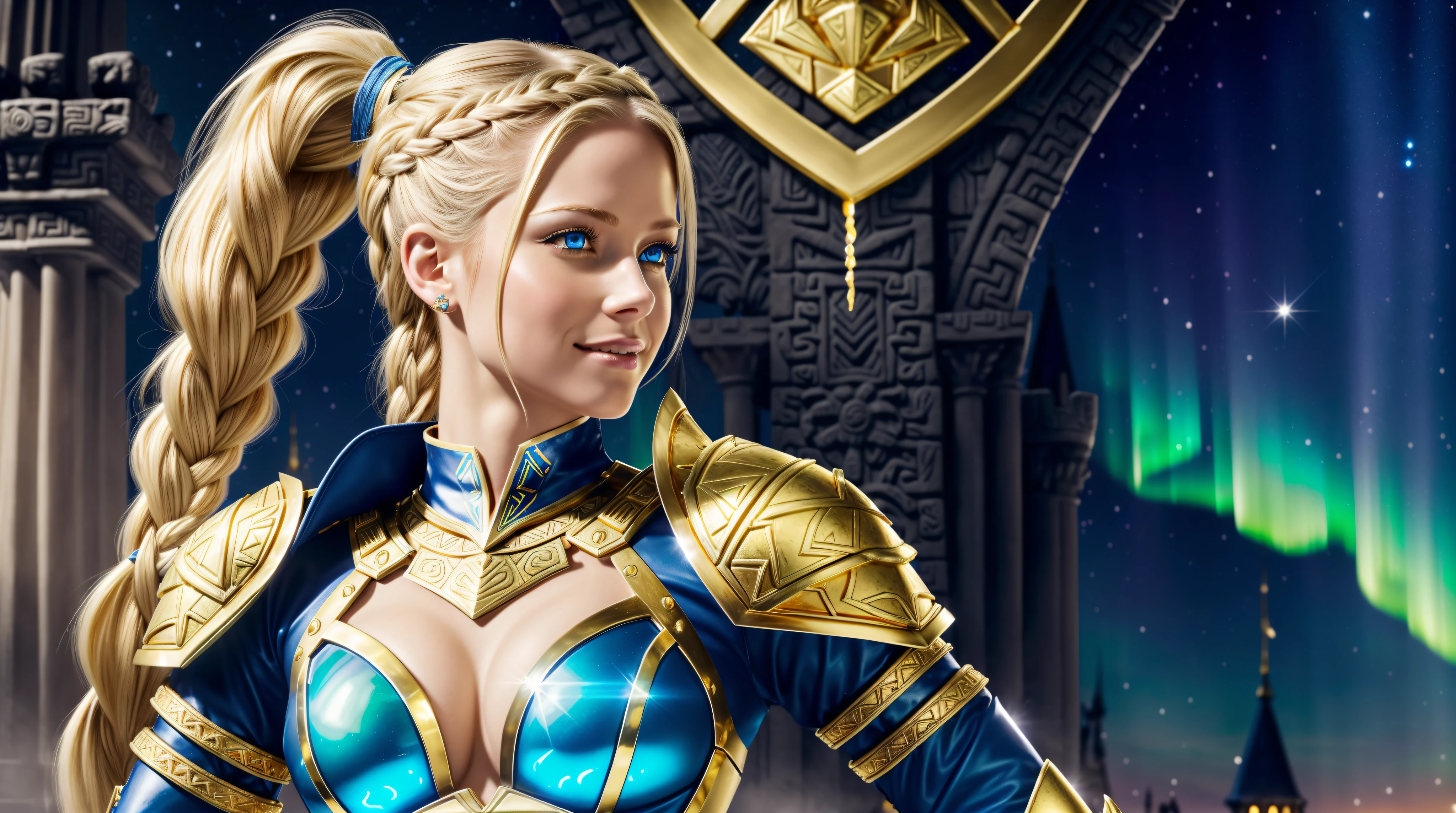 Avril Lavigne, (valkyrie), ((Single french braid ponytail)), sidecut, scar, ((gold and blue aztec drop down breast plates armor:1.1)), gold and blue stockings, ((gold diadem with glowing gem)), skimpy, seductive, naughty smile, platinum blonde, (blonde:1.1), sexy, small chest, small breasts, small butt, highly detailed blue crystal eyes, ((realistic)), ultra detailed, ((real image)), ((realistic skin)), ((realistic face)), ((realistic body)), (beautiful:1.05), (beautiful detailed eyes:1.50), (cinematic light:1.1), (ultra high detailed eyes glow:1.50), (ultra photorealistic:1.3), tease, lying model pose, fashion model pose, model body, ((anatomically correct:1.1)), perfect body, correct body, hair over shoulder, aurora borealis, (medieval castle:1.1), (illustration:1.05), Realism, anatomically correct, masterpiece, super detail, best quality