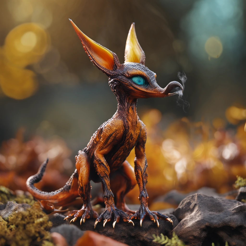 Gremlin, kangroo-like, bright orange and tan, long tail coated in yellow flames, flame clothing, best quality, masterpiece, in dark fantasy style