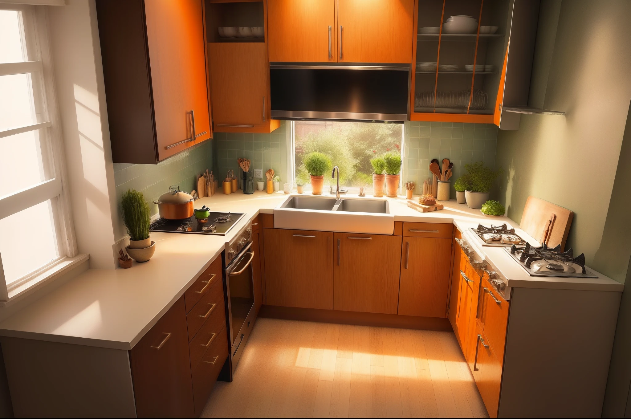 Wohnung ( kitchen ) ( orange ) mexico ( Fenster ) ( Pflanzen ) ( Arches ) ( 4K ) wood brown view from above, small kitchen, modern kitchen, best image quality