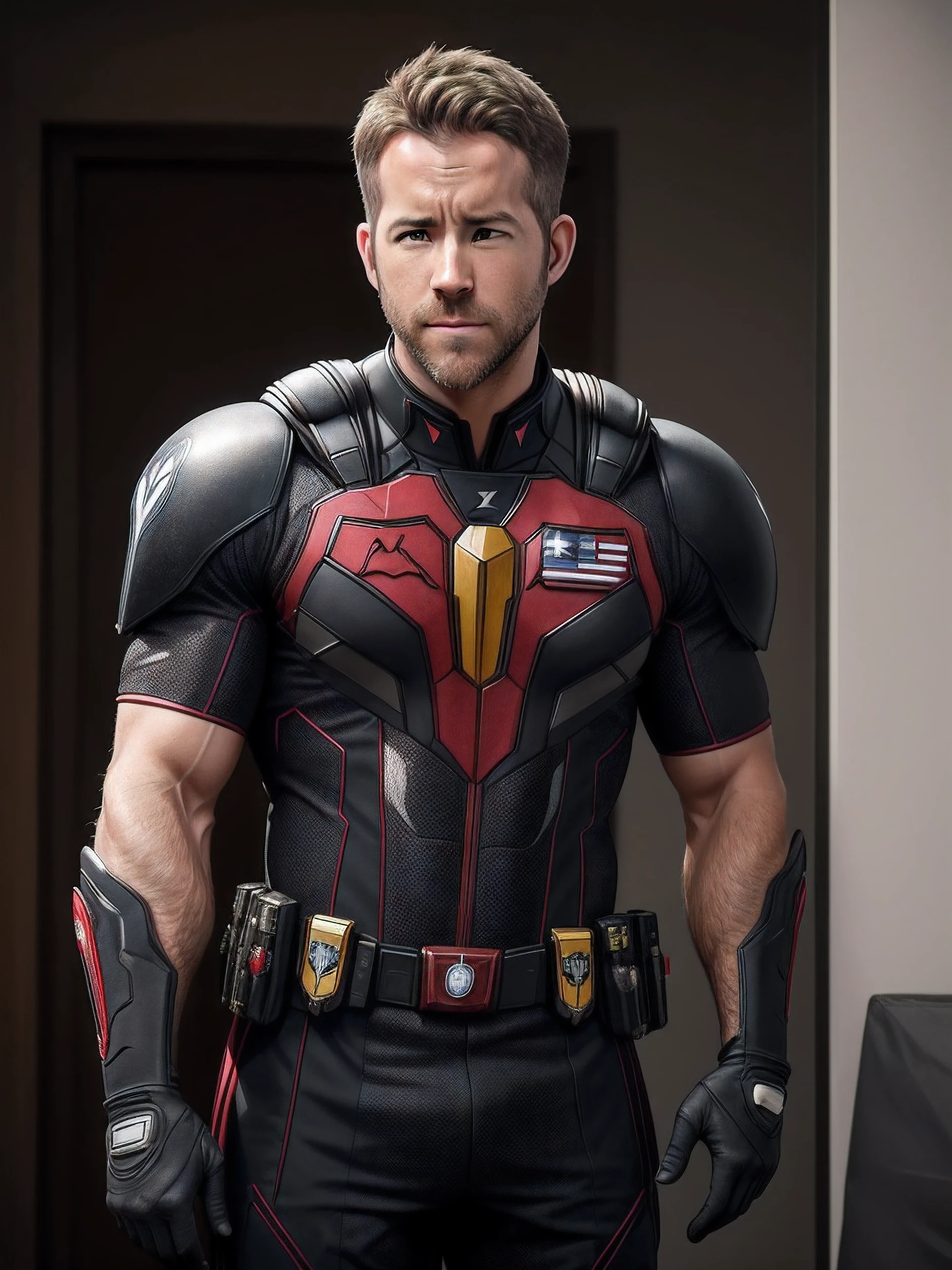 Um homem, inspirado em Ryan Reynolds, (((com traje de fuzileiro do exercito americano))), fotorealista, autoretrato realista, imagem real, pele humana realista, inspirado em Ryan Reynolds.