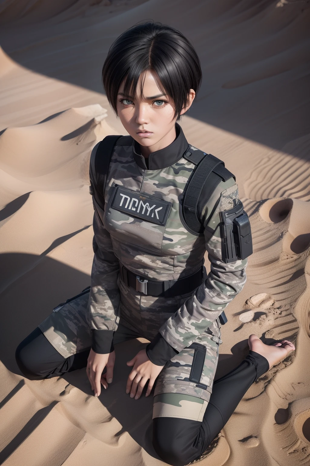 overhead shot, (prayer tomboy:1.5) in desert, perfect female face, grey eyes, skinny, space forces camouflage meshtight t-, blended ginger striped black and dark shotcut hair, spotted uniform, RAW, Sony Alpha a9 II, 24-105mm f/4, HDR