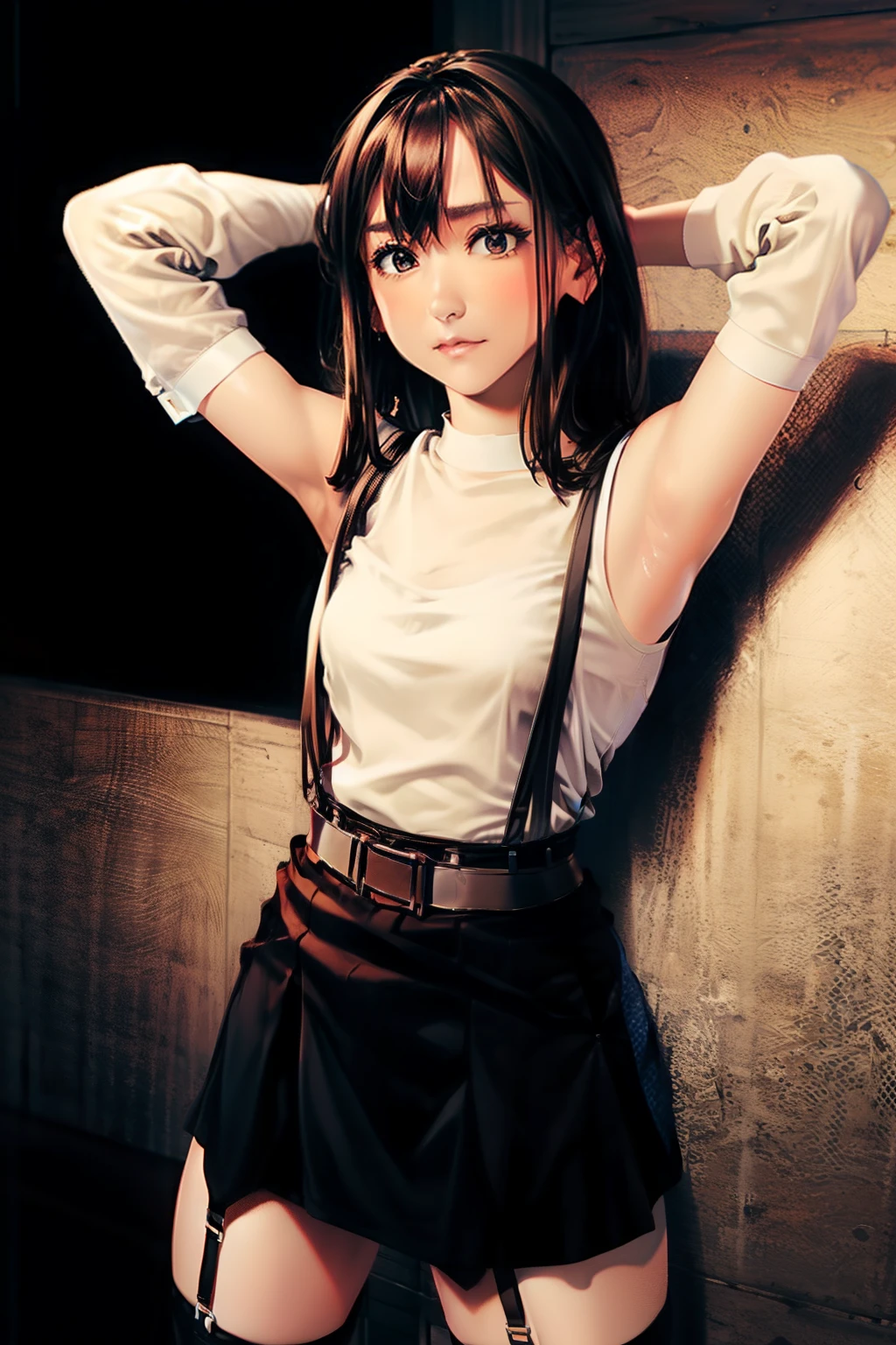 skirt by the, Black Tank Top Suspenders, Brown hair Gray eyes, Garter belt on the legs, Big and tight clothes, 　　 a belt　Armpit sweat　　deadpan