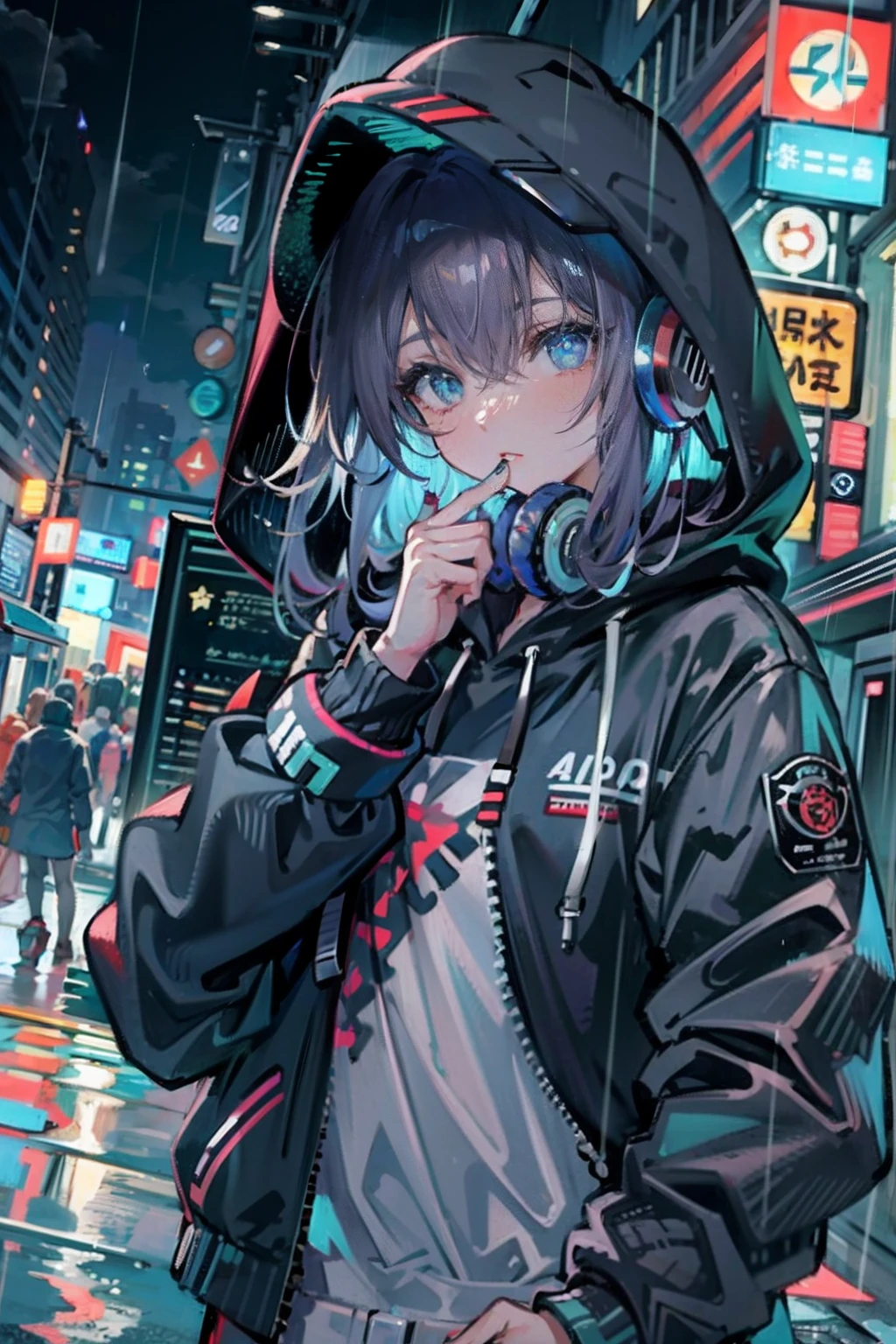 masterpiece, anime girl alone, incredibly absurd, hoodie, headphones, street, outdoor, rain, neon, cyberpunk city, neon lights.