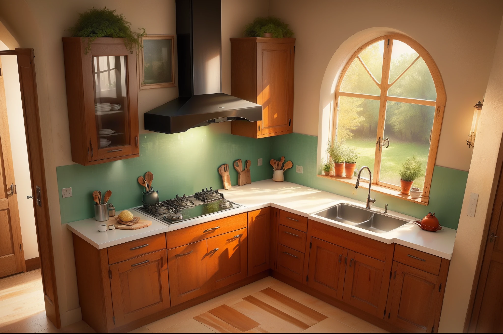 Wohnung ( kitchen ) ( orange ) mexico ( Fenster ) ( Pflanzen ) ( Arches ) ( 4K ) wood brown view from above, small kitchen, modern kitchen, best image quality
