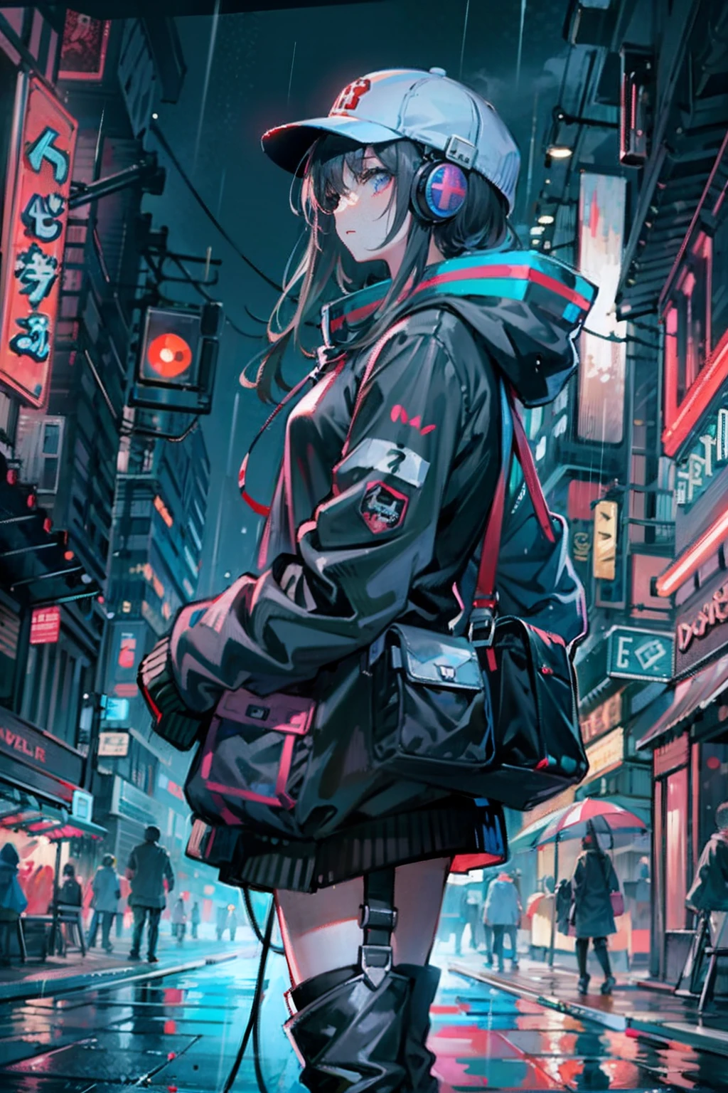 masterpiece, anime girl alone, incredibly absurd, hoodie, headphones, street, outdoor, rain, neon, cyberpunk city, neon lights.