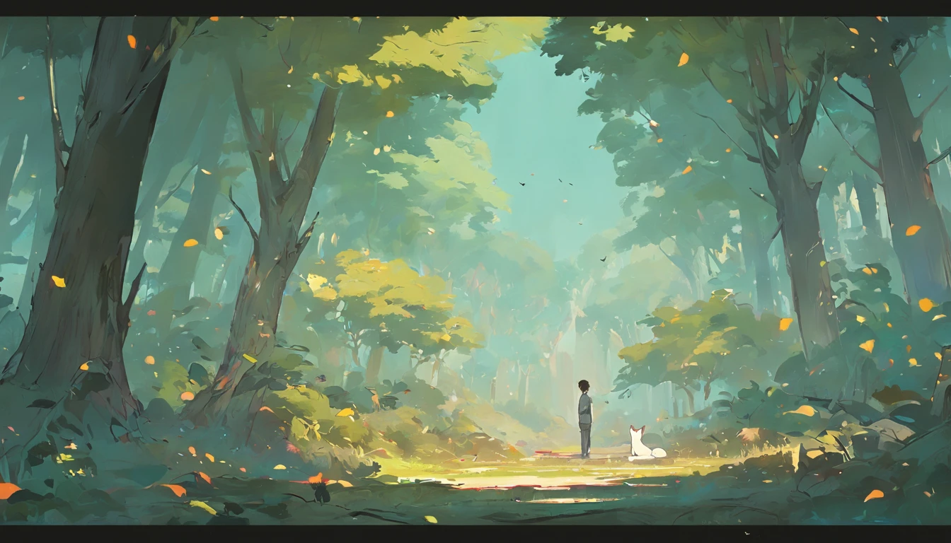 A scene showing a man painting in the forest, The environment is full of cats, Painted style, a lot of tree, People make up one-twentieth of the picture,Characters have lower corners in the screen, And there are a lot of paintings painted on the spot,Some hang from trees, Some lean under trees in the distance,The tone is dim