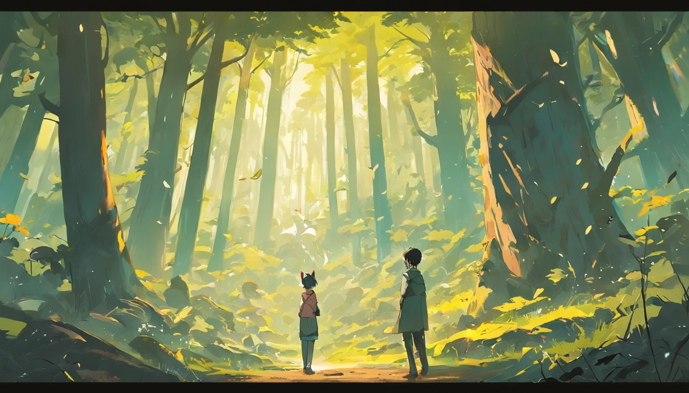 Anime scene of two people standing in a forest looking at a tree ...
