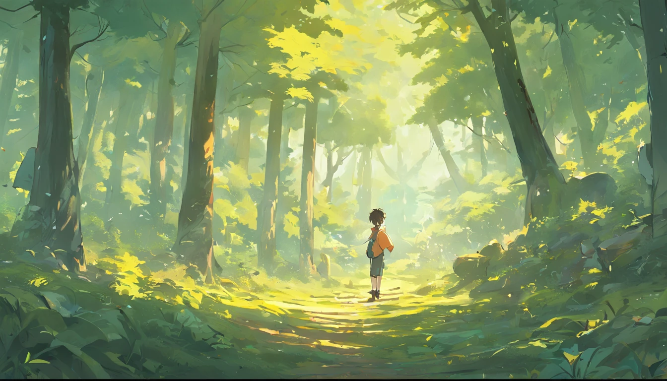 A scene showing a man painting in the forest, The environment is full of cats, Painted style, a lot of tree, People make up one-twentieth of the picture，Characters have lower corners in the screen, And there are a lot of paintings painted on the spot，Some hang from trees, Some lean under trees in the distance，The tone is dim