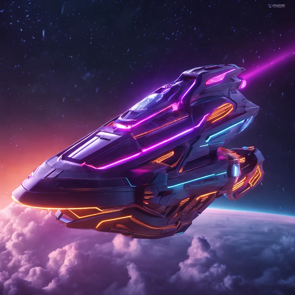 Generate a super futuristic and technological spaceship flying in a purple sky with some orange clouds photorealistic style Ultra realistic photography Ship with thrusters and LED Realistic neon soft light coming out of the bottom of the ship