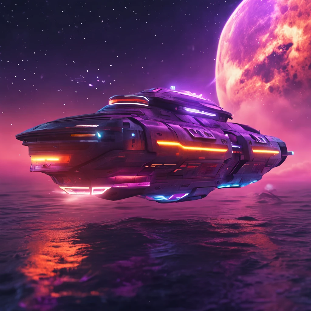 Generate a super futuristic and technological spaceship flying in a purple sky with some orange clouds photorealistic style Ultra realistic photography Ship with thrusters and LED Realistic neon soft light coming out of the bottom of the ship