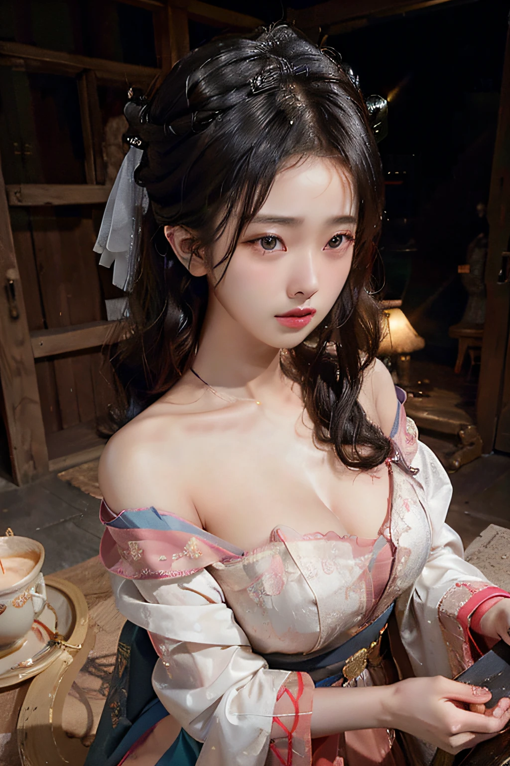 nsfw, showing breasts, flashing tits, naked, big breasts, masterpiece, best quality, dslr, long shot, photorealistic, hyper realistic, raw color protrait photo, full body shot, detailed eyes, hanfu, nsfw, , face focus