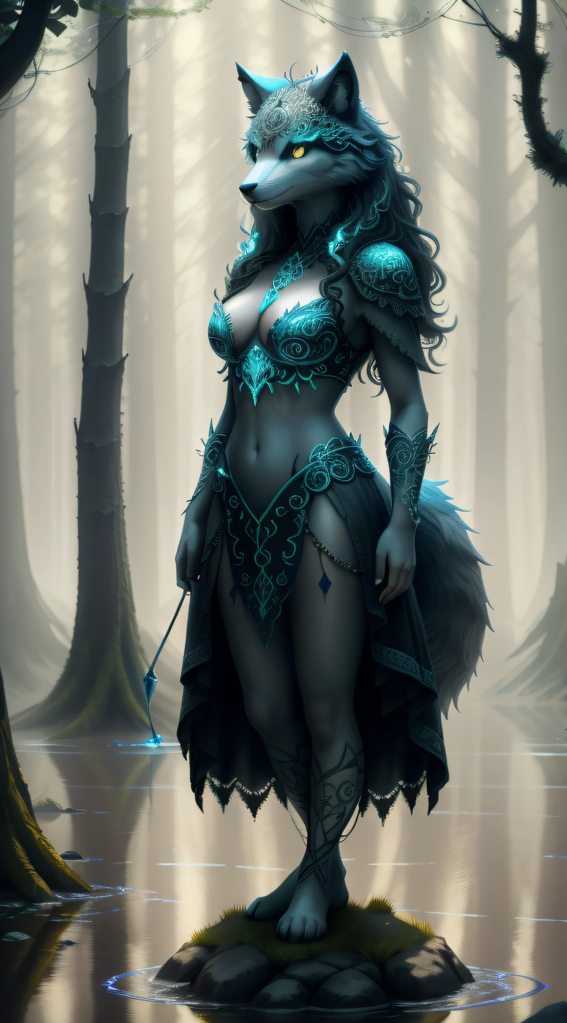 photo of a creature, monster, magic-fantasy-lake, digital art, most amazing artwork in the world, ((no humans)),volumetric light, soft balanced colours, lake scenery, vines, uhd, 8k octane render, magical, amazing, ethereal, intricate, intricate design, ultra sharp, shadows, cooler colors, trending on cgsociety, glowing eyes, ((best quality)), ((masterpiece)), (detailed), wolf