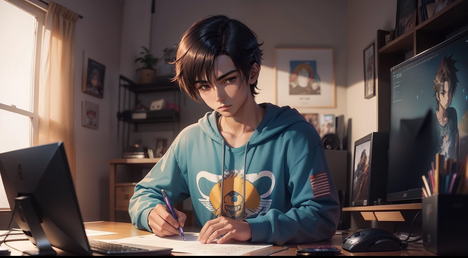 Hay un joven sentando en un escritorio con una computadora gamer y auriculares, Obra de arte estilo anime 2D, Chico de anime con sudadera y capucha, Estilo Yu-gi-oh, digital anime illustration.