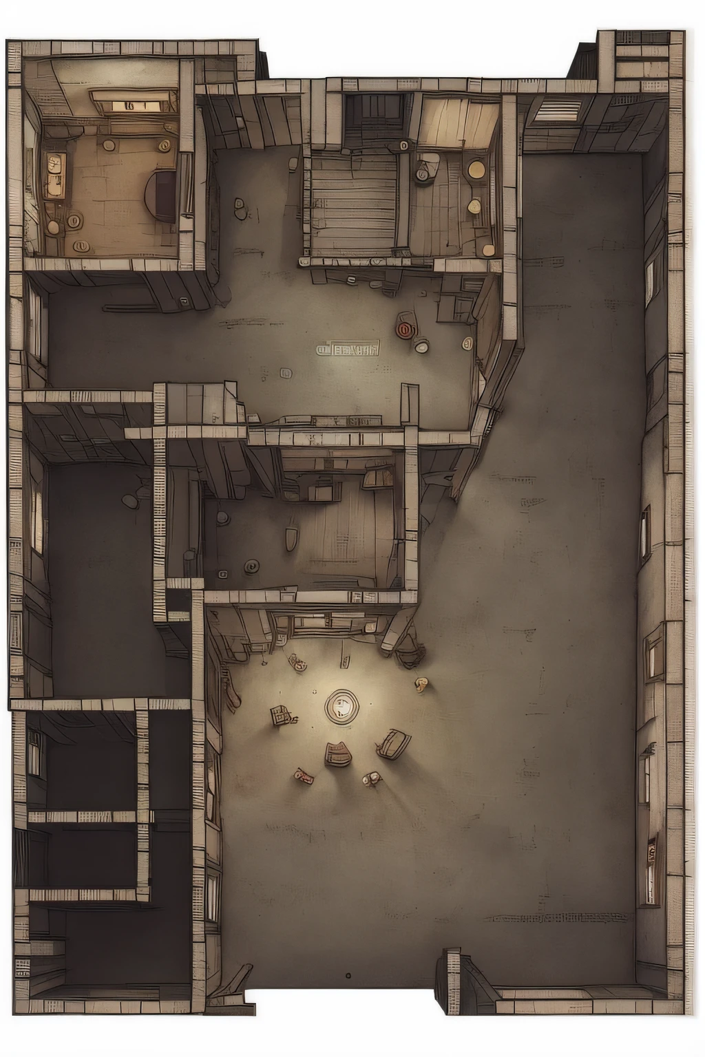 table de jeu rpg, battle map, battlemap, map de battaille, square grid, a drawing of urban city modern, Floor plan view, inspired by Chris Ware, Vue de haut en bas, Vue de haut en bas, Haut - Vue, The Cyberpunk street, Floor plan, Cyberpunk dumpster, Perspective layout of the rooms, Randomly segmented streets, Dystopian City appartement, located in the near future, Cut, Plan complet, rain, night, rainy