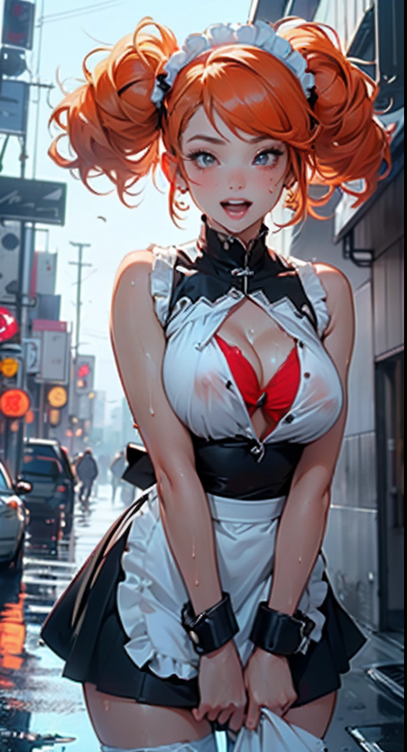 maid girl,(((1girl))),((maid girl with extremely cute and beautiful orange hair)),

(large breasts:1.4),bountiful breasts,fluffy breasts,H cup bust,bust up,bulging bust top,(((orange twintails hair:1.35,colored inner hair,twintails,ear breathing))),((heterochromia:1.5,eye1 orange,eye2 red,perfect eyes,upturned eyes:1.3,beautiful detailed eyes,finely detailed beautiful eyes:1,big highlight on eyes:1.2,slanted eyes)),((fat)),(((lustrous skin:1.5,bright skin: 1.5,skin tanned,shiny skin,very shiny skin,shiny body,plastic glitter skin,exaggerated shiny skin,illuminated skin,wet legs))),(spider lower abdomen,narrow waist,wide hip,athletic body,inflated legs,delicate detailed fingers,detailed body,detailed arms,human hands,(detailed face)),

cute,slutty,seductive,erotic,(((nsfw))),

zettai ryouiki,(maid headdress),maid uniform,Headdress,(maid),sleeveless,mini skirt,boots,cleavage cutout,bare legs,clothes with a lot of lace frills,((wet clothes,detailed outfit,detailed clothes)),

(dynamic pose:1.0),solo focus,happy,((open mouth)),(centered,scale to fit dimensions,Rule of thirds),

cyberpunk city by the ocean at night, with bright neon signs and dark stormy clouds and puddles,

High resolution, sharp focus, (ultra detailed, extremely detailed), (photorealistic artwork:1.37), 8k wallpaper,((synthwave background theme)),((vibrant colors)),(intricate),masterpiece,(best quality),