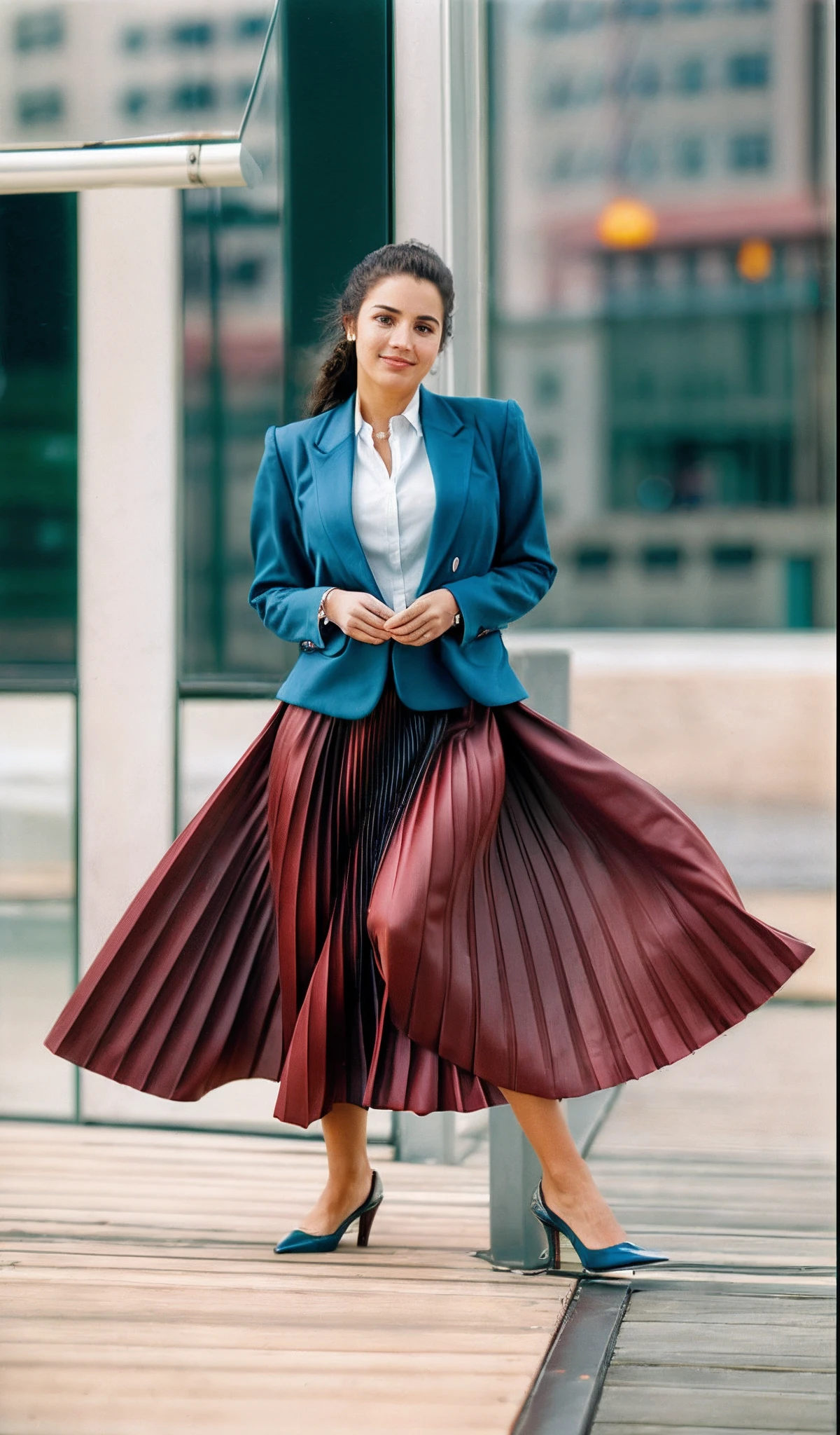 year 1994, lesbian space therapist, very (flirty:1,5) smiling good women wearing a short blazers and very very detailed (long (fully pleated) full circle skirts) and (simple) low heeled office shoes, very very intricate hyper-detailed symmetric (attractive graceful young feminine faces) with (sad, tired eyes and a shy smile), large breasts, full of empathy and compassion and love, (pronounced (feminine) features), (highly detailed ultra accurate realistic) hands and fingers, (windy conditions and wind blowing), epic composition, highly detailed attributes, highly detailed atmosphere, (35mm f1.4 Kodak portra 400 photograph), extremely high quality RAW photograph,
