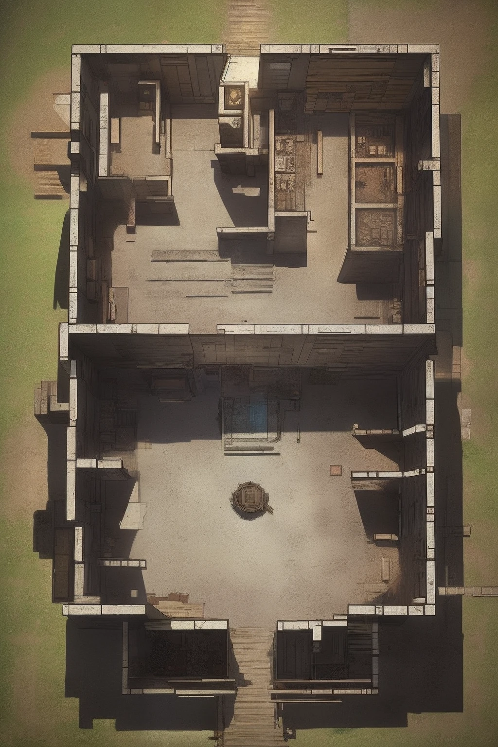 table de jeu rpg, battle map, battlemap, map de battaille, square grid, a drawing of dirty urban city modern, Floor plan view, Vue de haut en bas, Vue de haut en bas, Haut - Vue, The Cyberpunk street, Floor plan, Cyberpunk dumpster, Perspective layout of the rooms, Randomly segmented streets, Dystopian City appartement, located in the near future, Cut, Plan complet, rain, night, rainy