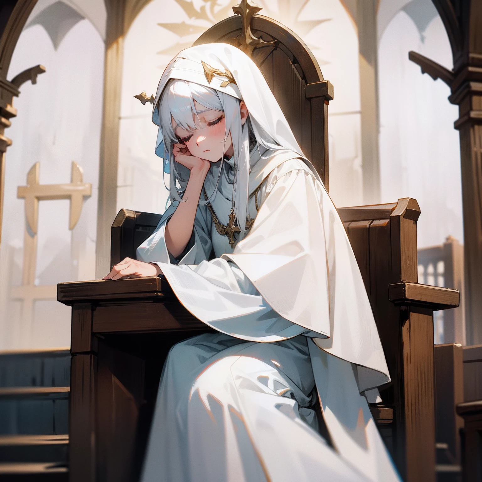A female pastor，eye closeds，saddened，European Middle Ages，wearing white clothes，white color hair
