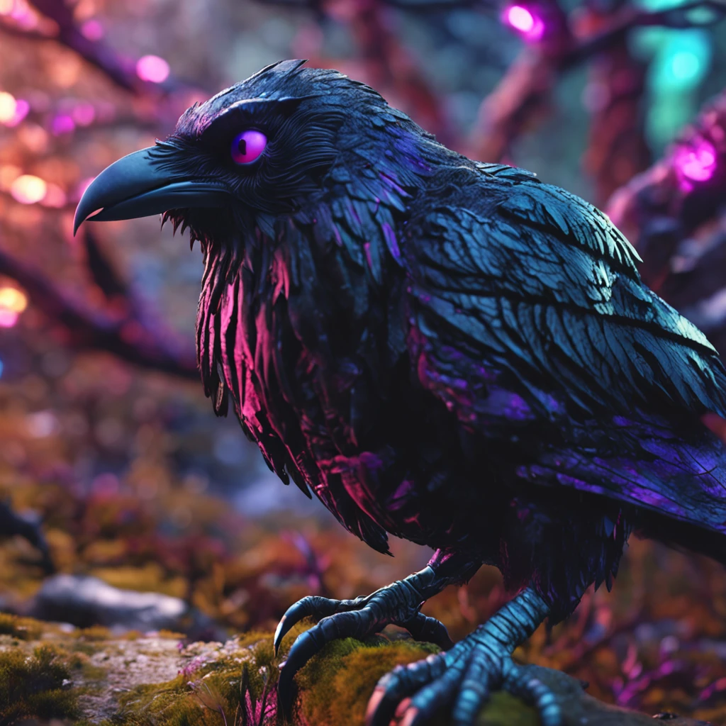 close shot of a mythical raven with colorful feathers, galaxy eyes, shiny feathers, detailed feathers, detailed big eyes, the owl is landing on an alien tree branch , looking at viewers with the eyes of judgement, focus, alien landscape background .BREAK,Detailed,Realistic,4k highly detailed digital art,octane render, bioluminescent, BREAK 8K resolution concept art, realism,by Mappa studios,masterpiece,best quality,official art,illustration,ligne claire,(cool_color),perfect composition,absurdres, fantasy,focused,rule of thirds,