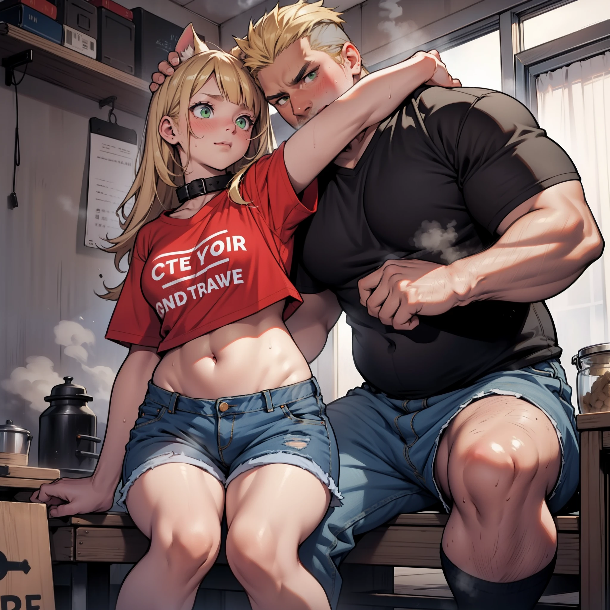 dim room,Petite girl being patted on the head by fat uncle,a blonde girl,Girl by Uncle's Side,ite girl in,Girl in red collar,Girl with green eyes,flat chest,Shy look,Red face,Girl with a tail,Navel Ejection、Girl in black shirt,Girl in tight-fitting clothes,Girls in low-rise denim,Girl in black knee socks,Guy rubbing girl's head,Man with big face,Sweating,Steaming